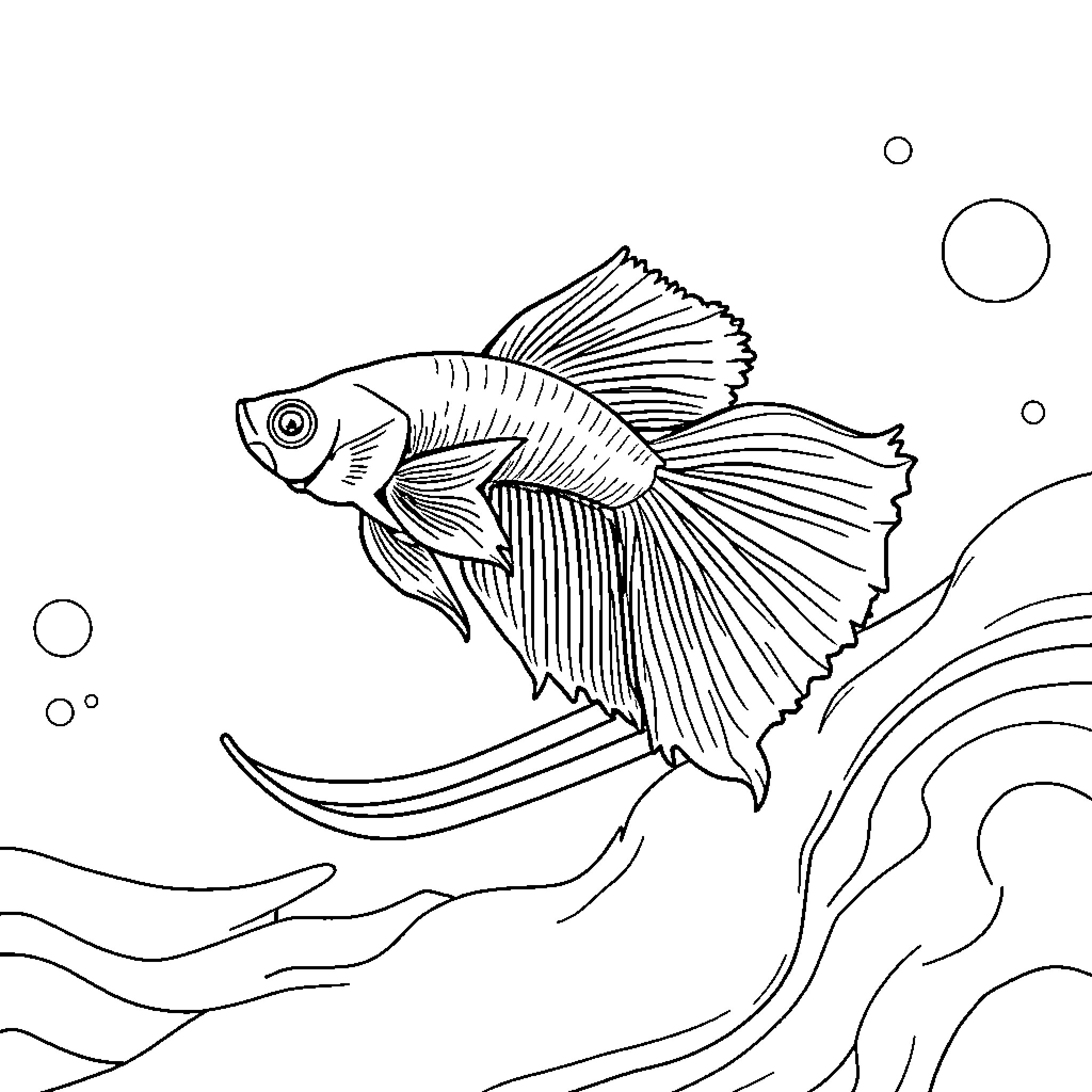 Betta Fish swimming gracefully in the water Coloring Page (free black-and-white line drawing printable PDF for all, from beginners to advanced learners, including children, teens, adults, and seniors)