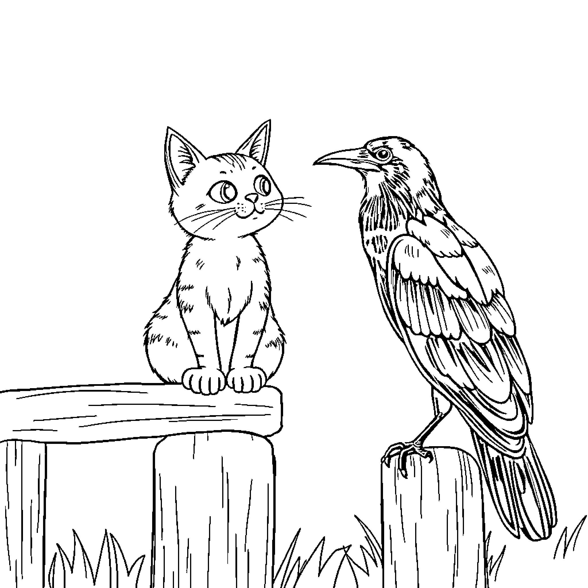 Cat and Raven Perched on Wooden Fence Coloring Page (free black-and-white line drawing printable PDF for all, from beginners to advanced learners, including children, teens, adults, and seniors)
