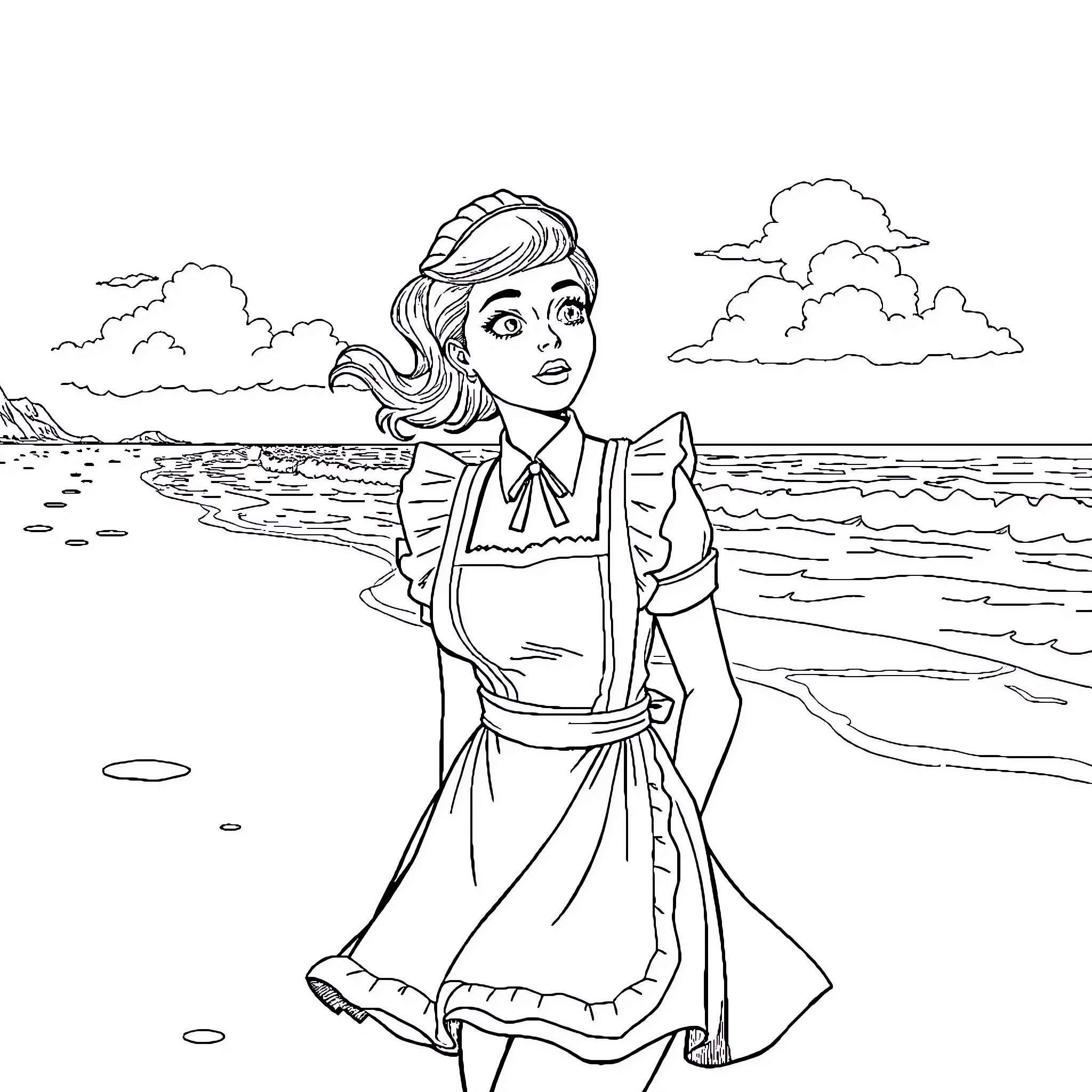 Maid Explores the Seaside Landscape Coloring Page (free black-and-white line drawing printable PDF for all, from beginners to advanced learners, including children, teens, adults, and seniors)