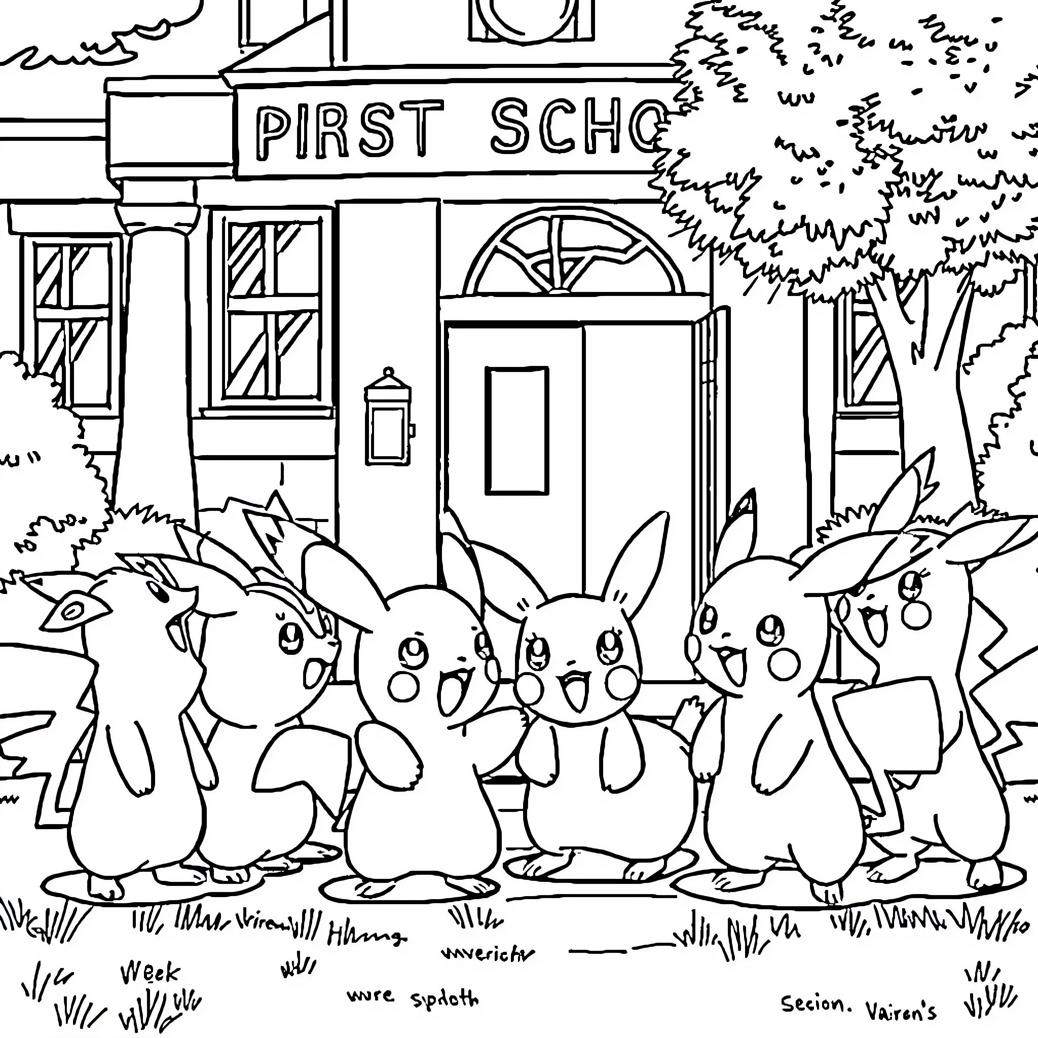 Pokémon characters gathered outside of the First School Coloring Page (free black-and-white line drawing printable PDF for all, from beginners to advanced learners, including children, teens, adults, and seniors)