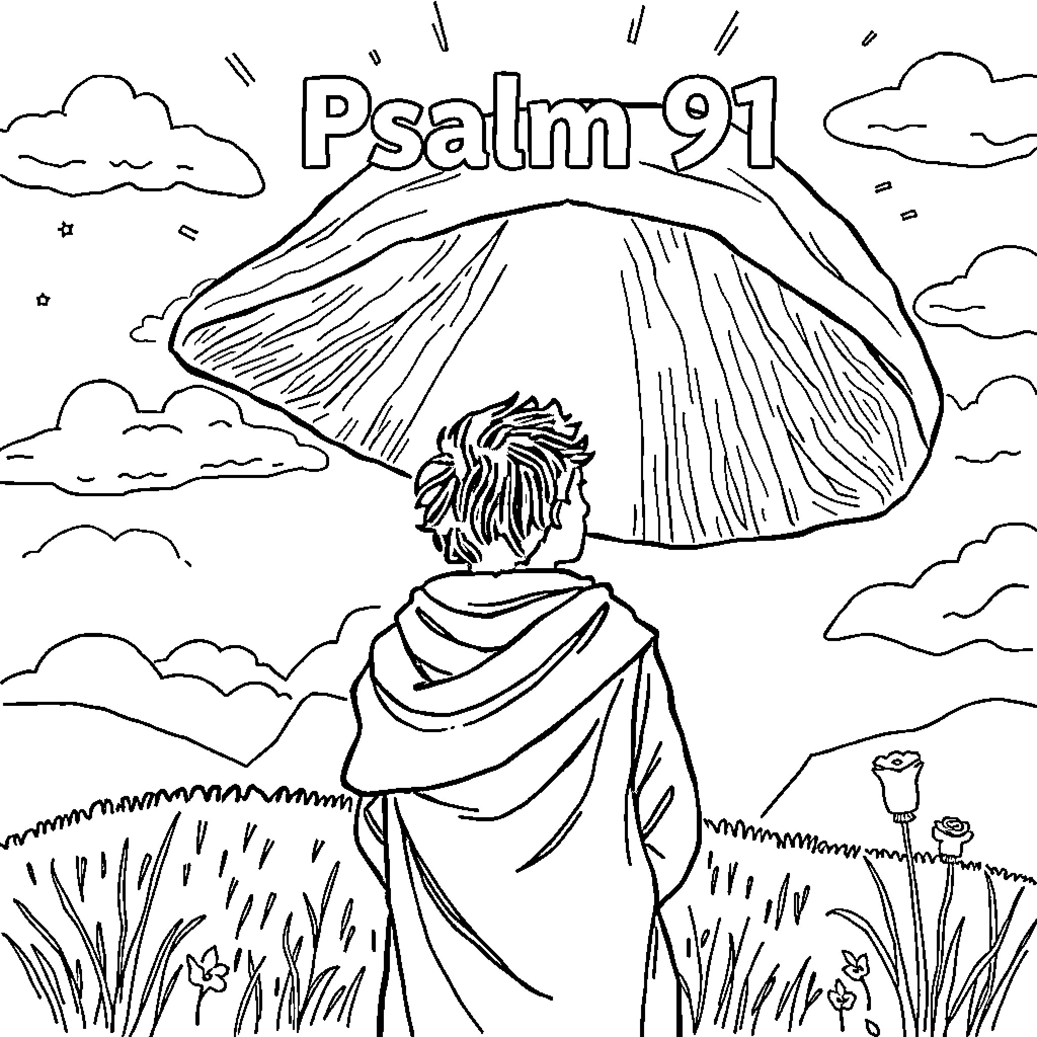Psalm 91: Person admiring God's creation Coloring Page (free black-and-white line drawing printable PDF for all, from beginners to advanced learners, including children, teens, adults, and seniors)