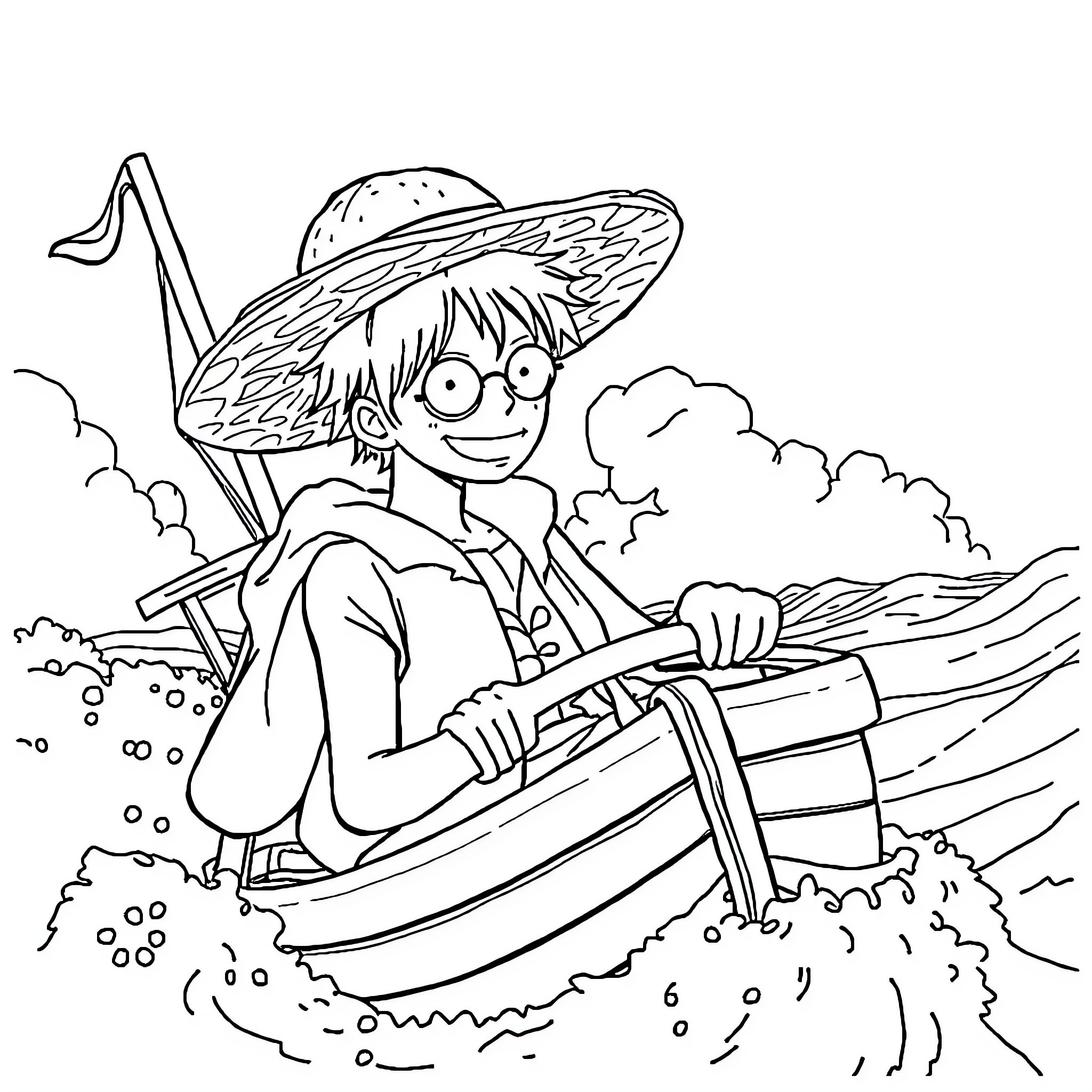 Luffy fishing in the ocean with a straw hat Coloring Page (free black-and-white line drawing printable PDF for all, from beginners to advanced learners, including children, teens, adults, and seniors)
