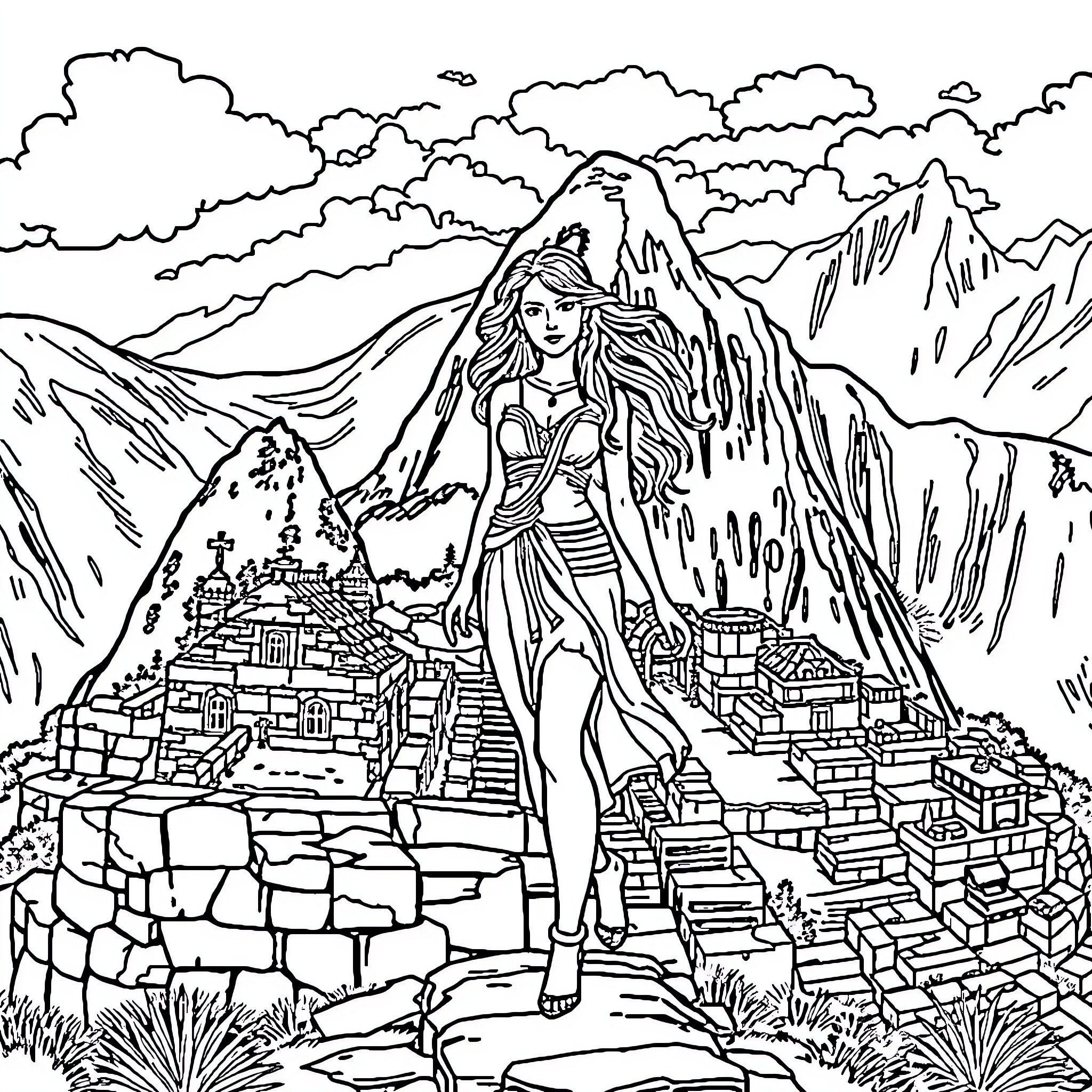 Wonder Woman Surveys the Majestic Mountain City Coloring Page (free black-and-white line drawing printable PDF for all, from beginners to advanced learners, including children, teens, adults, and seniors)