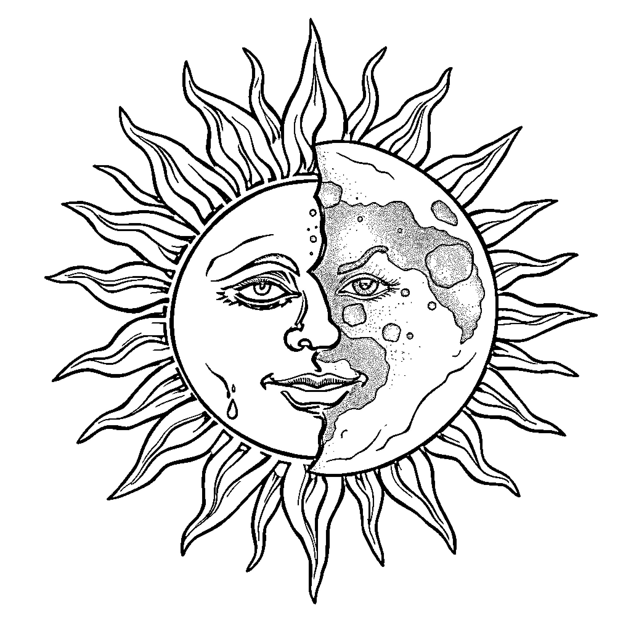 Sun and Moon intertwined in celestial embrace Coloring Page (free black-and-white line drawing printable PDF for all, from beginners to advanced learners, including children, teens, adults, and seniors)
