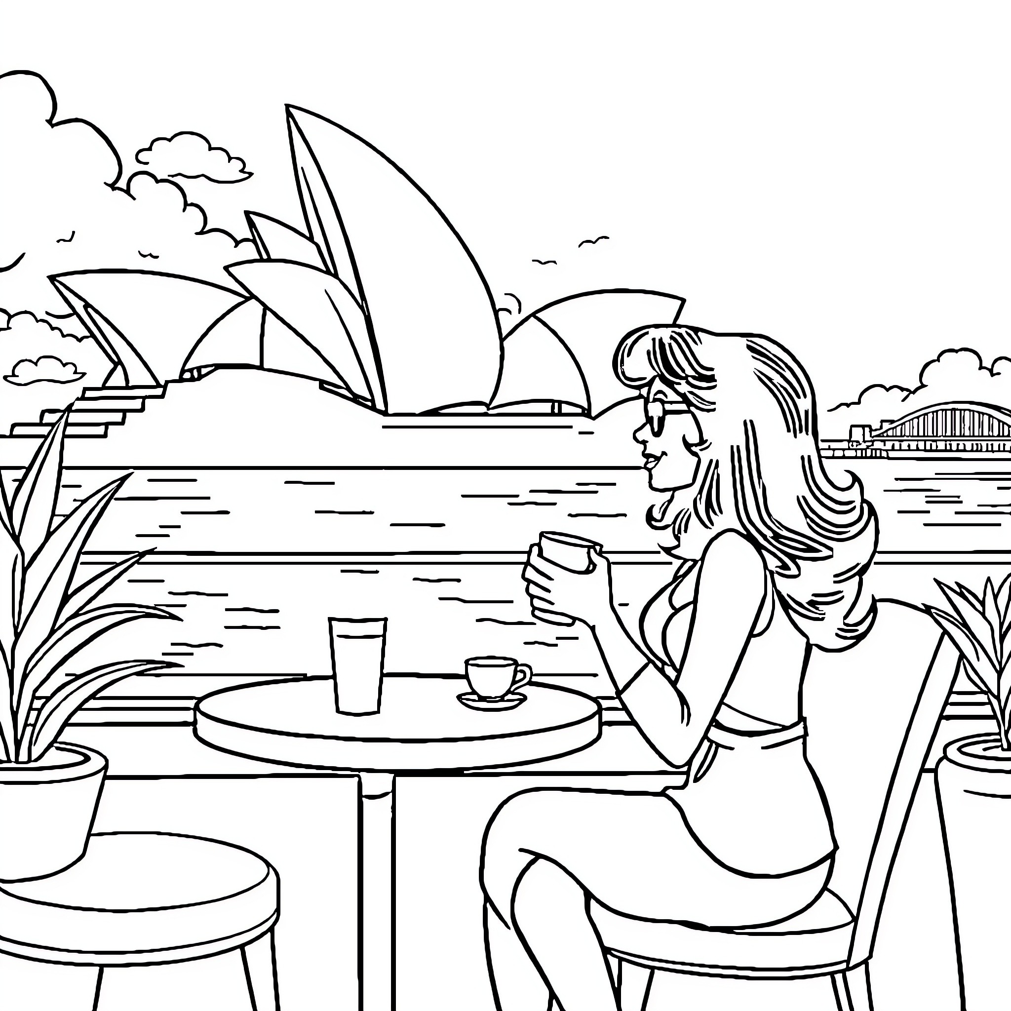 Carmen Sandiego enjoying a cafe overlooking the Sydney Opera House Coloring Page (free black-and-white line drawing printable PDF for all, from beginners to advanced learners, including children, teens, adults, and seniors)