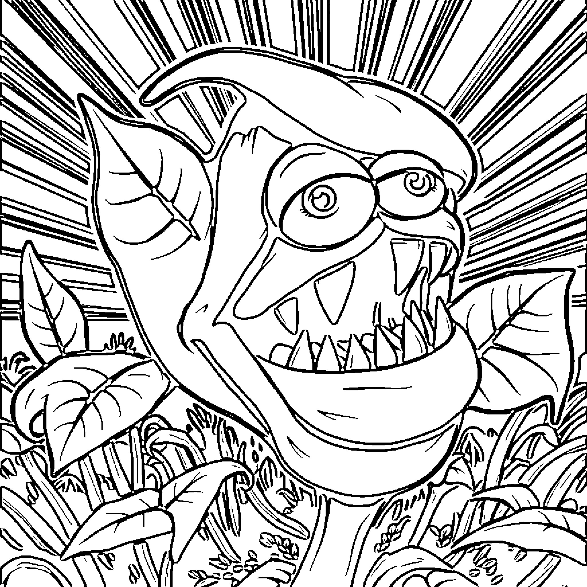 Carnivorous Plant with Intimidating Expression Coloring Page (free black-and-white line drawing printable PDF for all, from beginners to advanced learners, including children, teens, adults, and seniors)