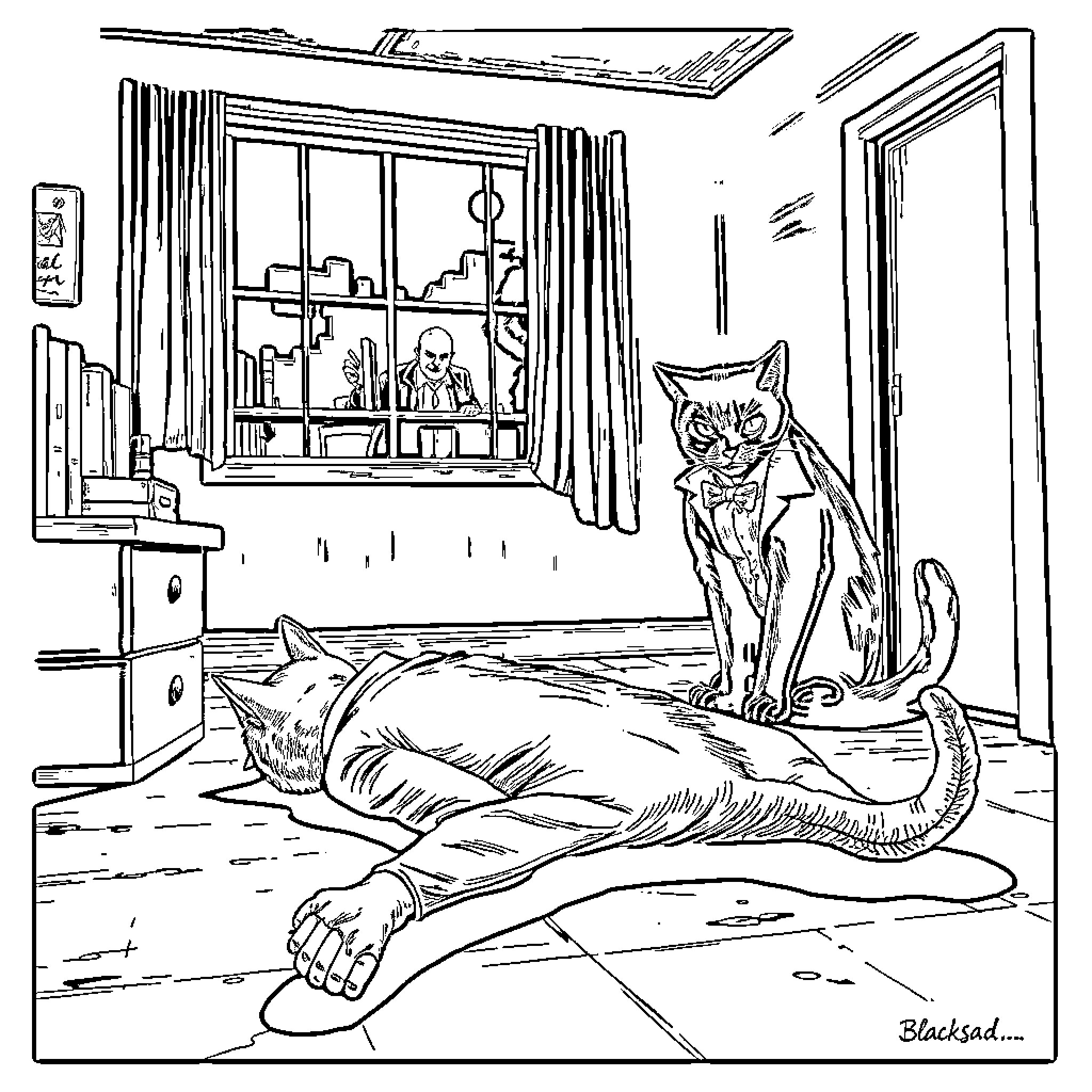 Blacksad: Felines in a Disquieting Domestic Scene Coloring Page (free black-and-white line drawing printable PDF for all, from beginners to advanced learners, including children, teens, adults, and seniors)