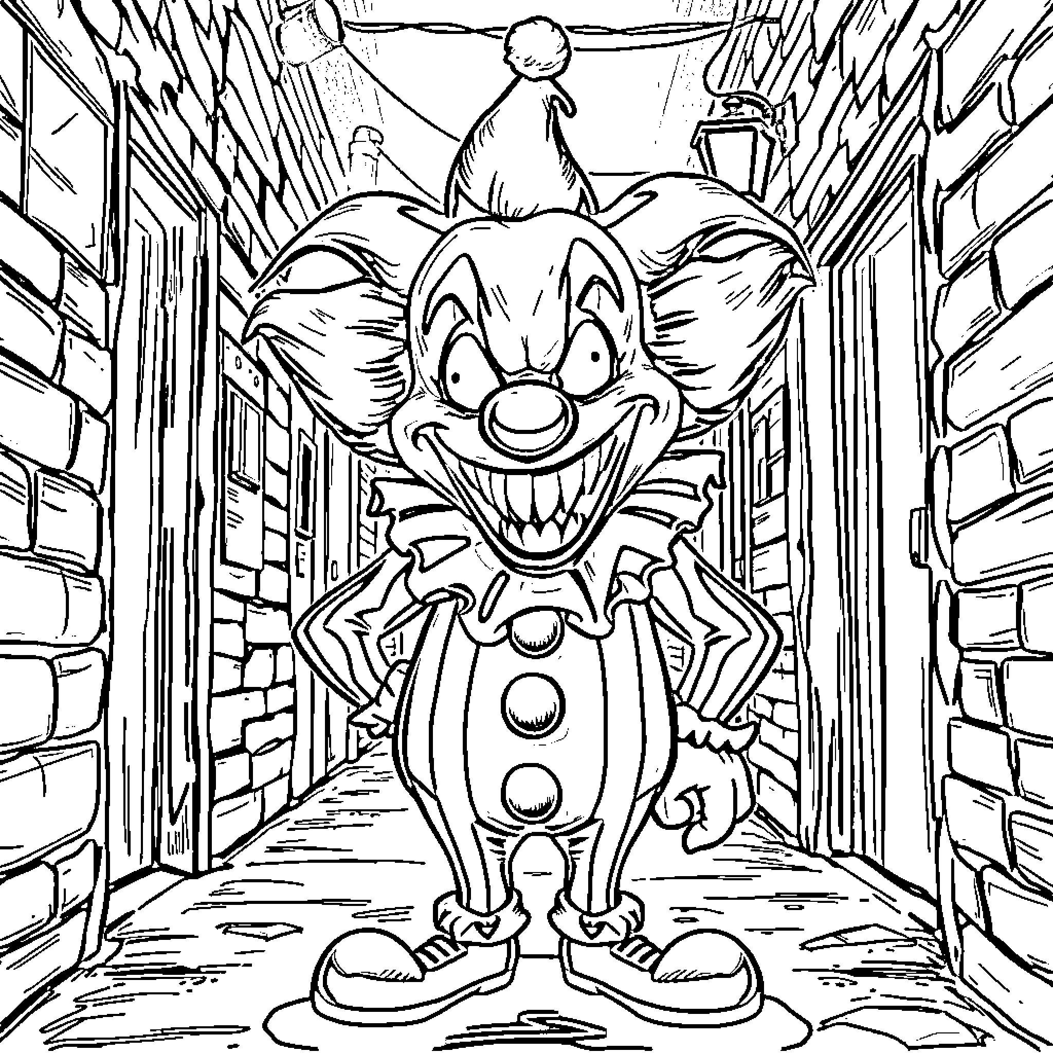 Art The Clown Exploring a Dark and Eerie Alleyway Coloring Page (free black-and-white line drawing printable PDF for all, from beginners to advanced learners, including children, teens, adults, and seniors)