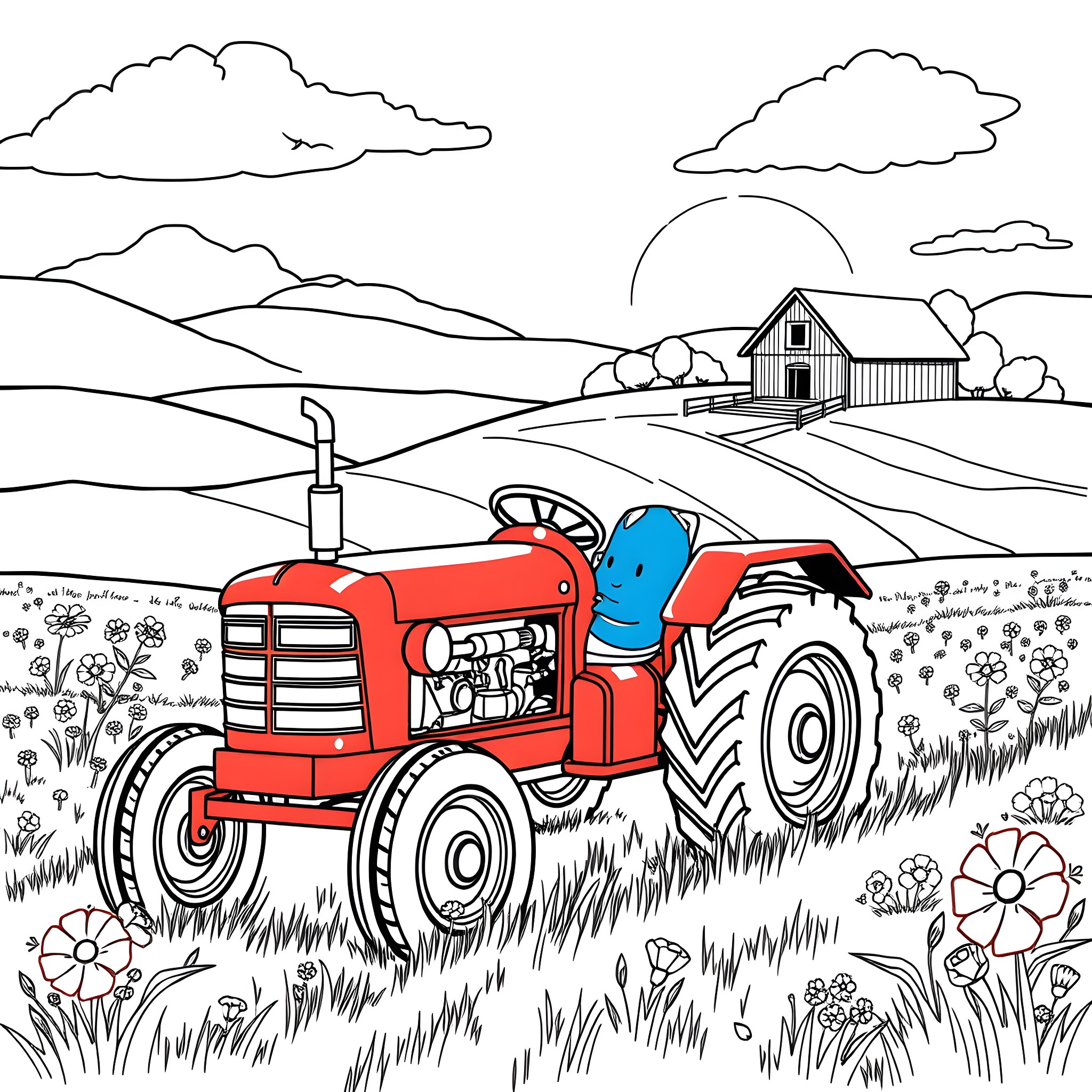 Bluey's Tractor Adventure in the Countryside Coloring Page (free black-and-white line drawing printable PDF for all, from beginners to advanced learners, including children, teens, adults, and seniors)