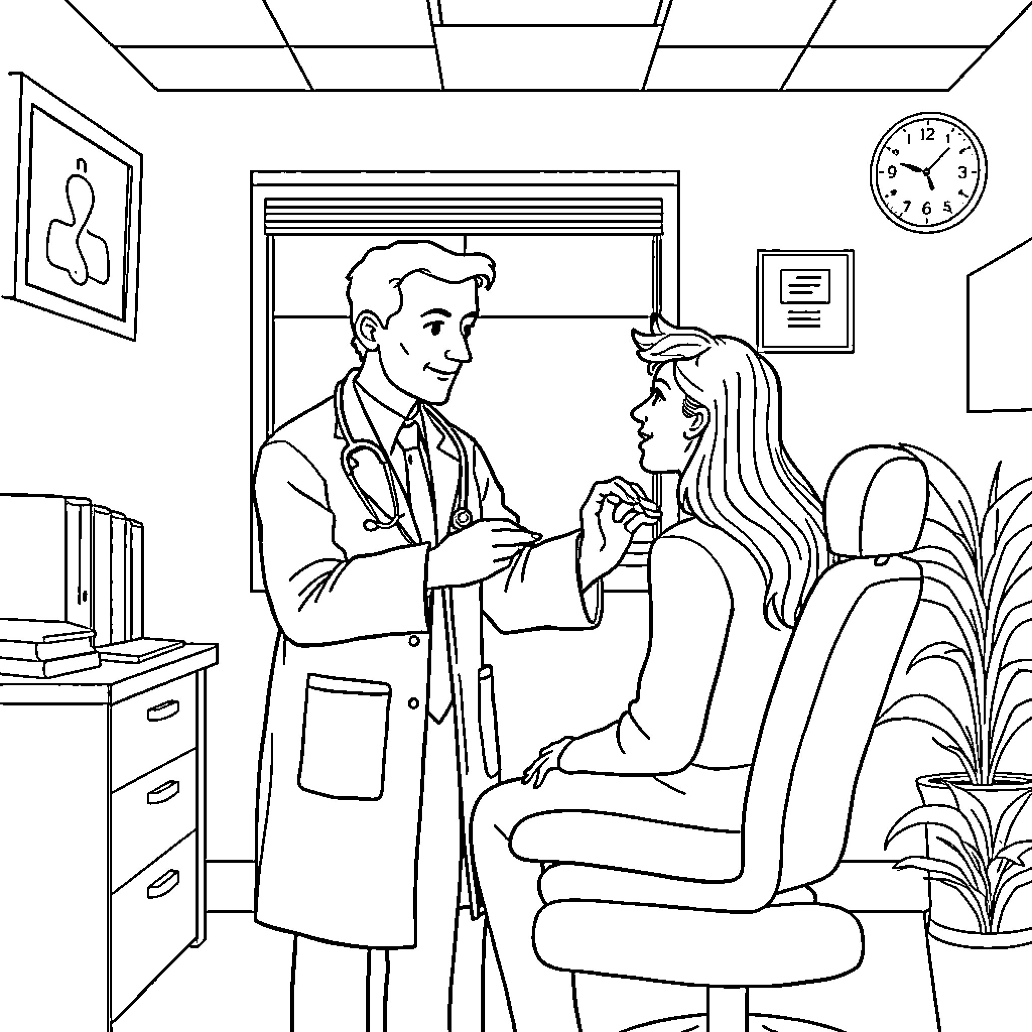 Doctor Examining Patient in Medical Office Coloring Page (free black-and-white line drawing printable PDF for all, from beginners to advanced learners, including children, teens, adults, and seniors)