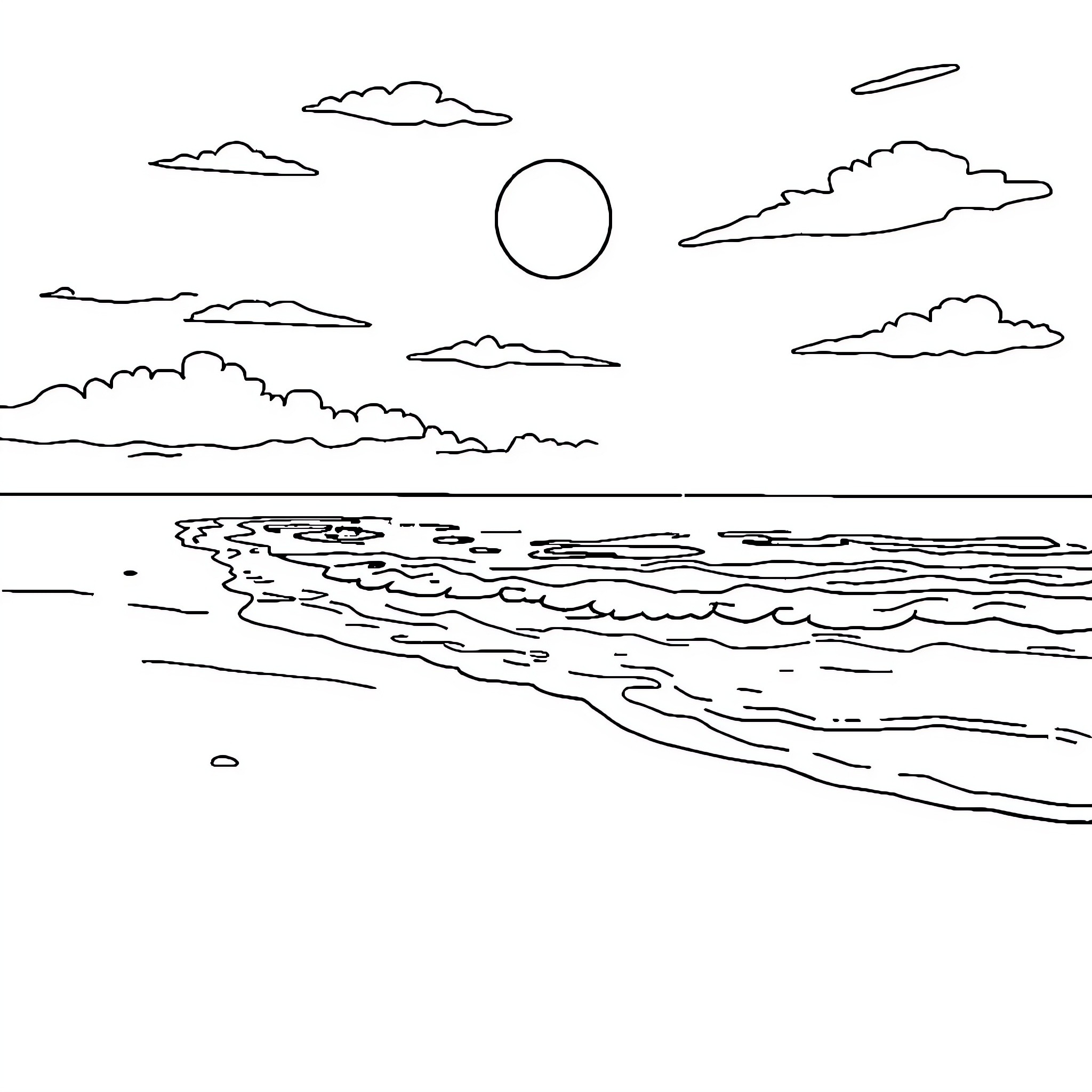 Beach scene with clouds and sun Coloring Page (free black-and-white line drawing printable PDF for all, from beginners to advanced learners, including children, teens, adults, and seniors)