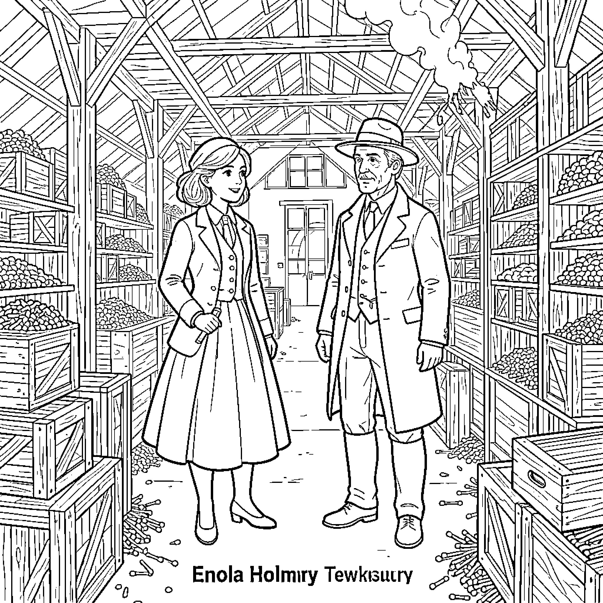 Enola Holmes standing in a warehouse with a man Coloring Page (free black-and-white line drawing printable PDF for all, from beginners to advanced learners, including children, teens, adults, and seniors)