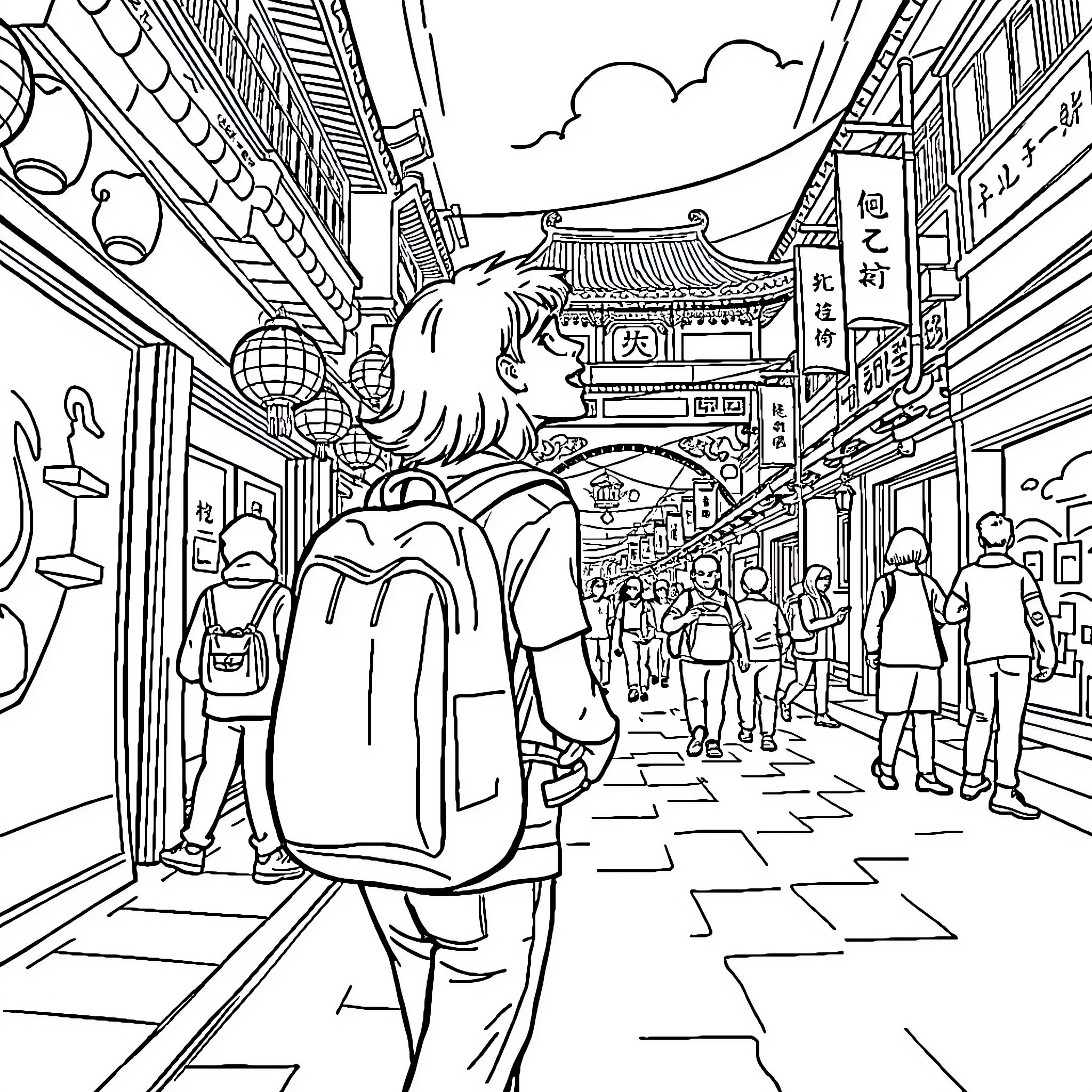 Student exploring lively city street with traditional architecture Coloring Page (free black-and-white line drawing printable PDF for all, from beginners to advanced learners, including children, teens, adults, and seniors)