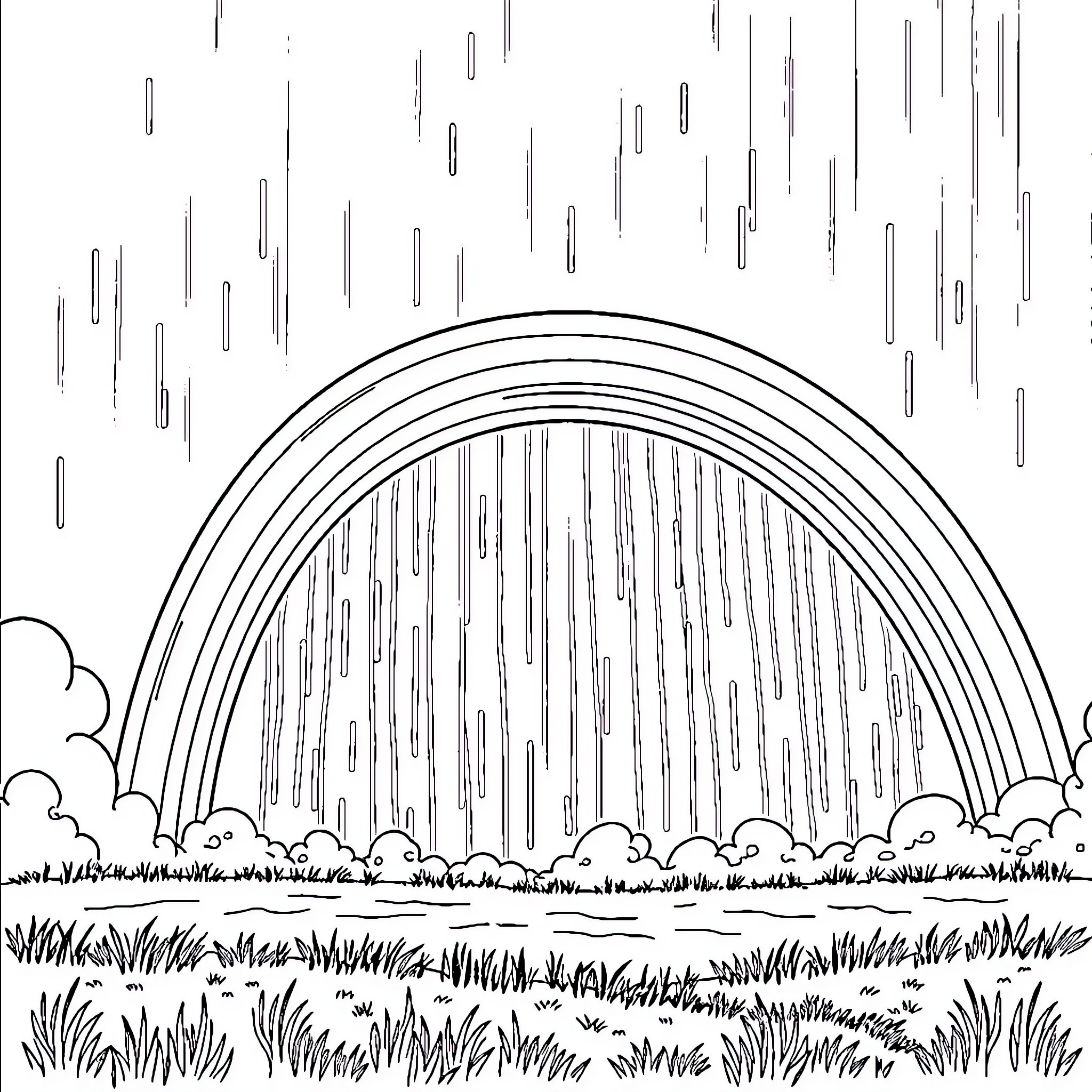 Rainbow Landscape with Falling Raindrops Coloring Page (free black-and-white line drawing printable PDF for all, from beginners to advanced learners, including children, teens, adults, and seniors)