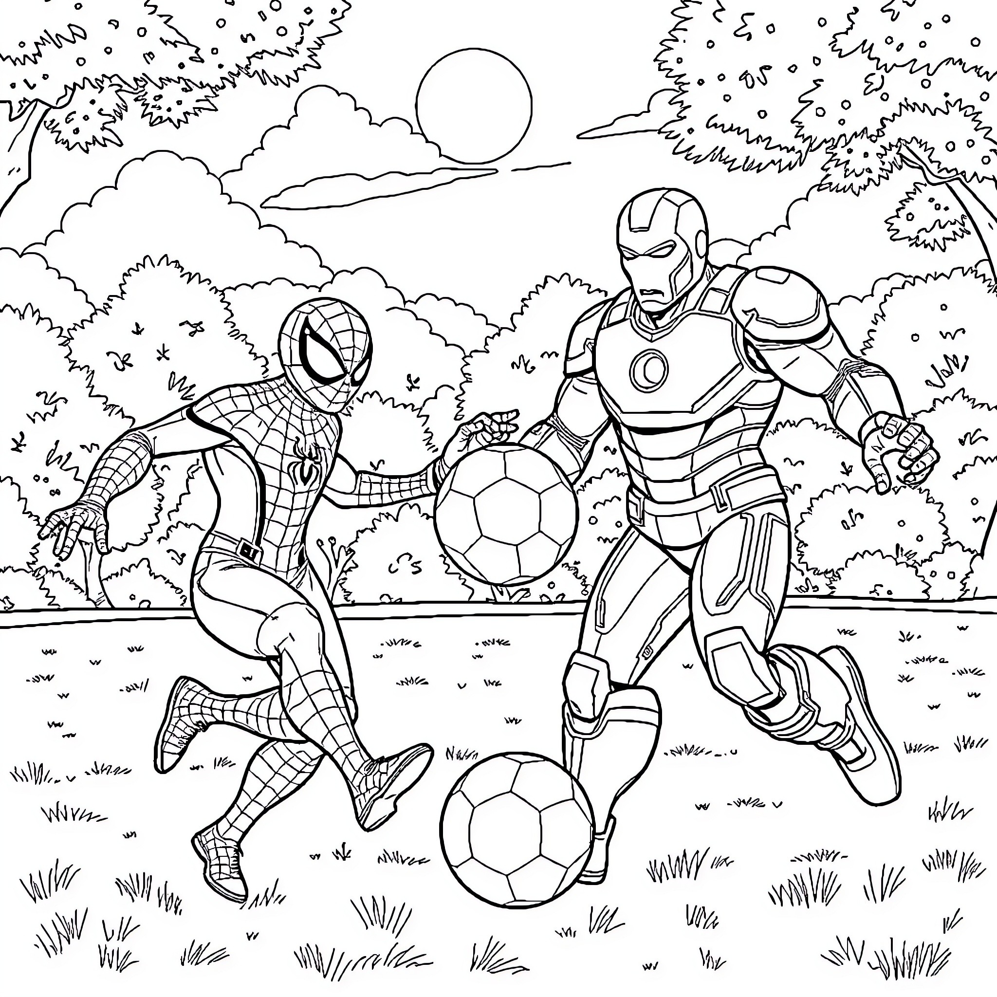 Spider-Man and Iron Man playing soccer in the park Coloring Page (free black-and-white line drawing printable PDF for all, from beginners to advanced learners, including children, teens, adults, and seniors)