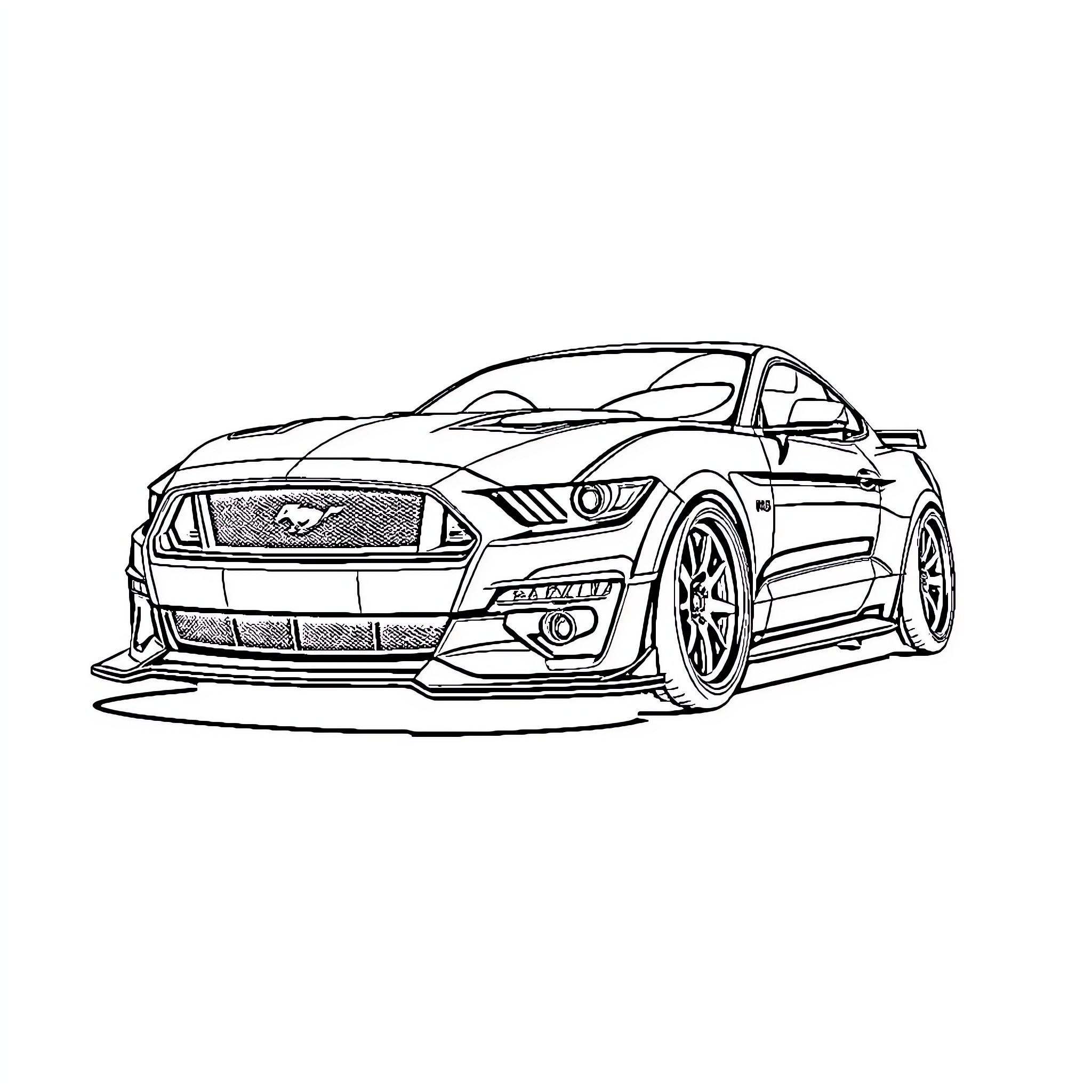 Ford Mustang sports car in action-packed scene Coloring Page (free black-and-white line drawing printable PDF for all, from beginners to advanced learners, including children, teens, adults, and seniors)