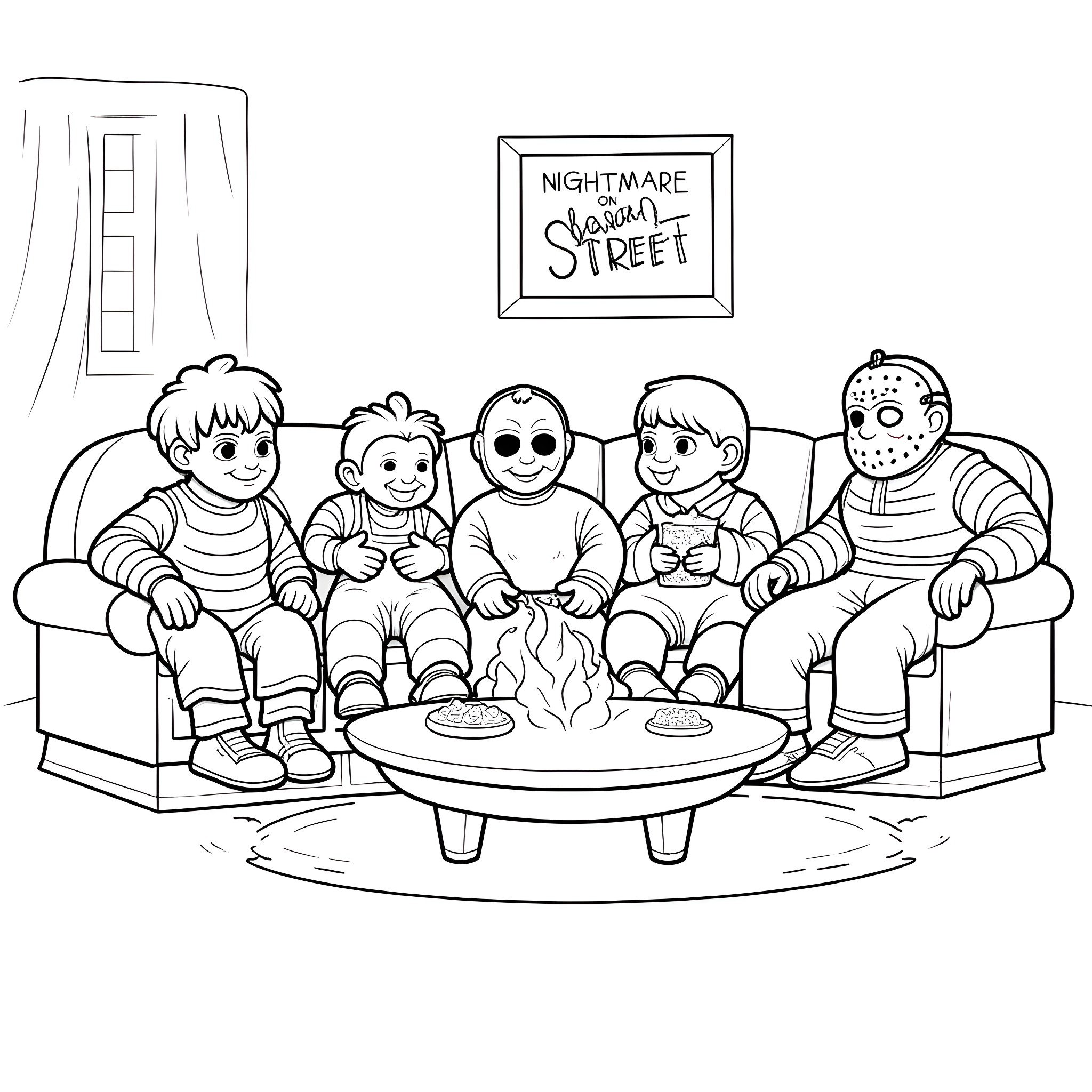 Horror Characters Gathered for a Spooky Gathering Coloring Page (free black-and-white line drawing printable PDF for all, from beginners to advanced learners, including children, teens, adults, and seniors)