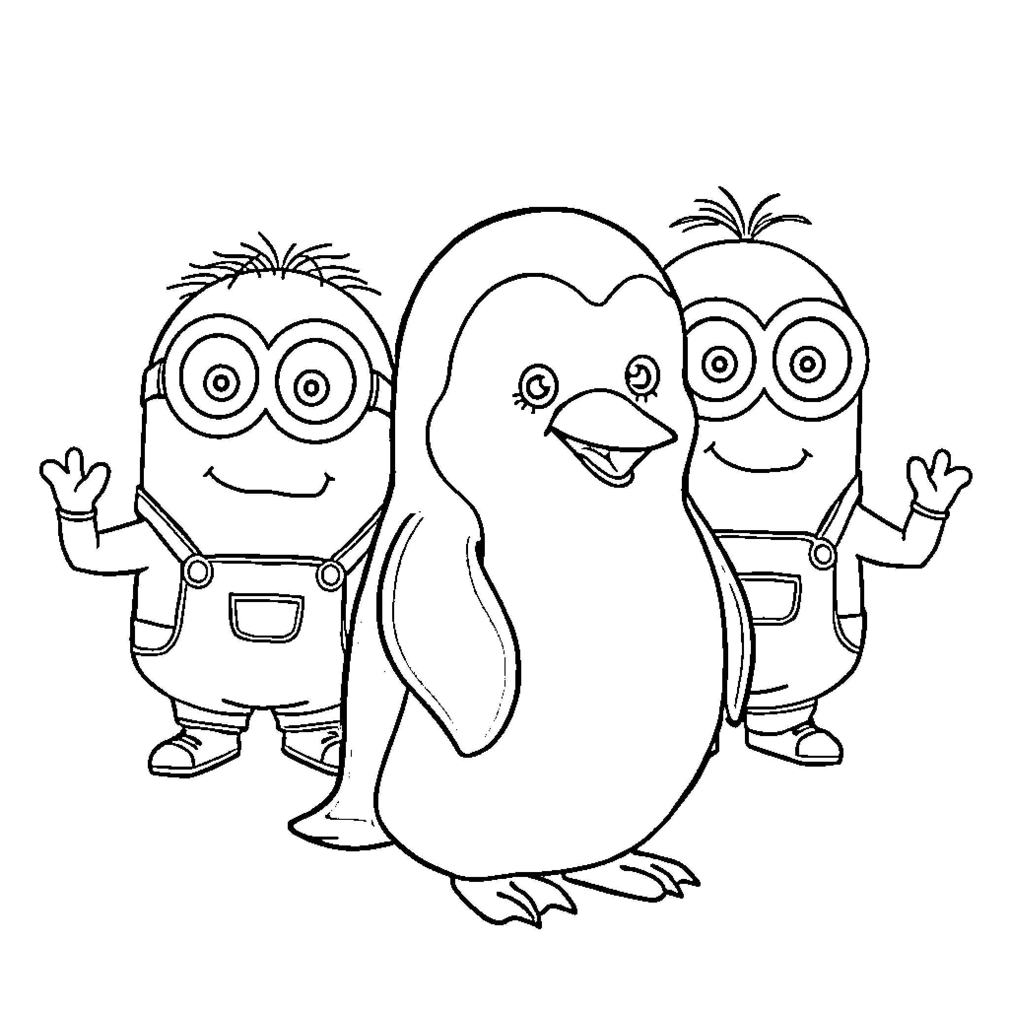 Penguin friends dressed as Minions Coloring Page (free black-and-white line drawing printable PDF for all, from beginners to advanced learners, including children, teens, adults, and seniors)
