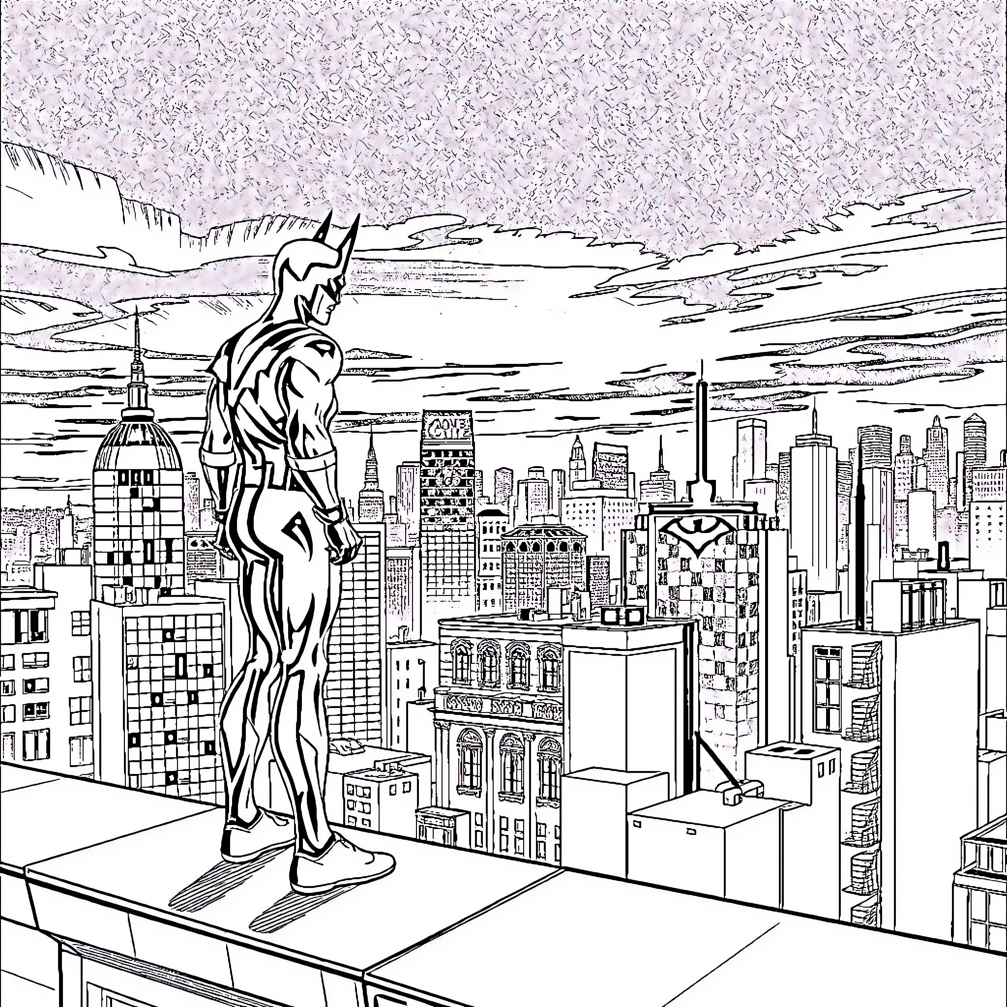 Nightwing overlooking the cityscape in action pose Coloring Page (free black-and-white line drawing printable PDF for all, from beginners to advanced learners, including children, teens, adults, and seniors)