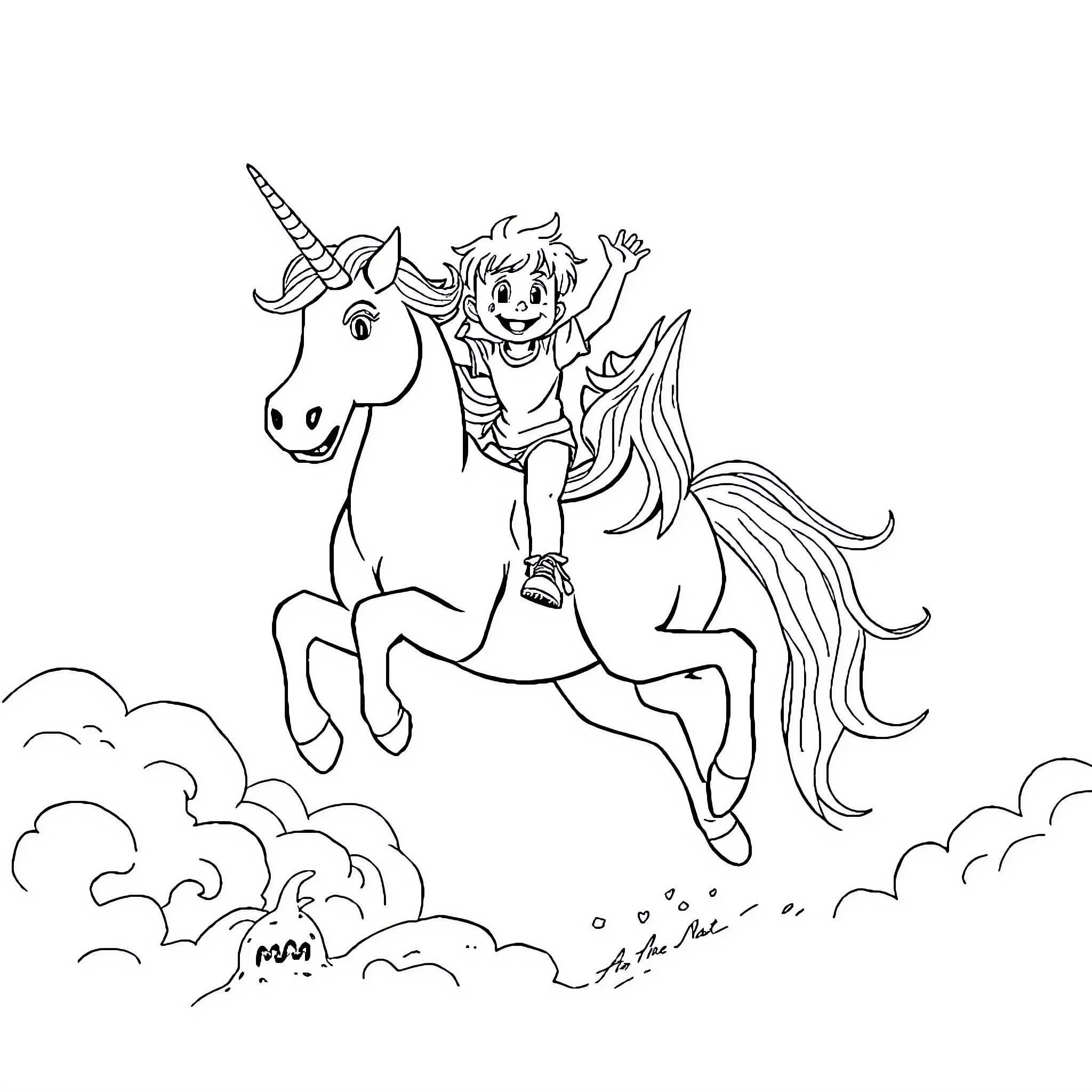 Unicorn and joyful child riding together in the clouds Coloring Page (free black-and-white line drawing printable PDF for all, from beginners to advanced learners, including children, teens, adults, and seniors)