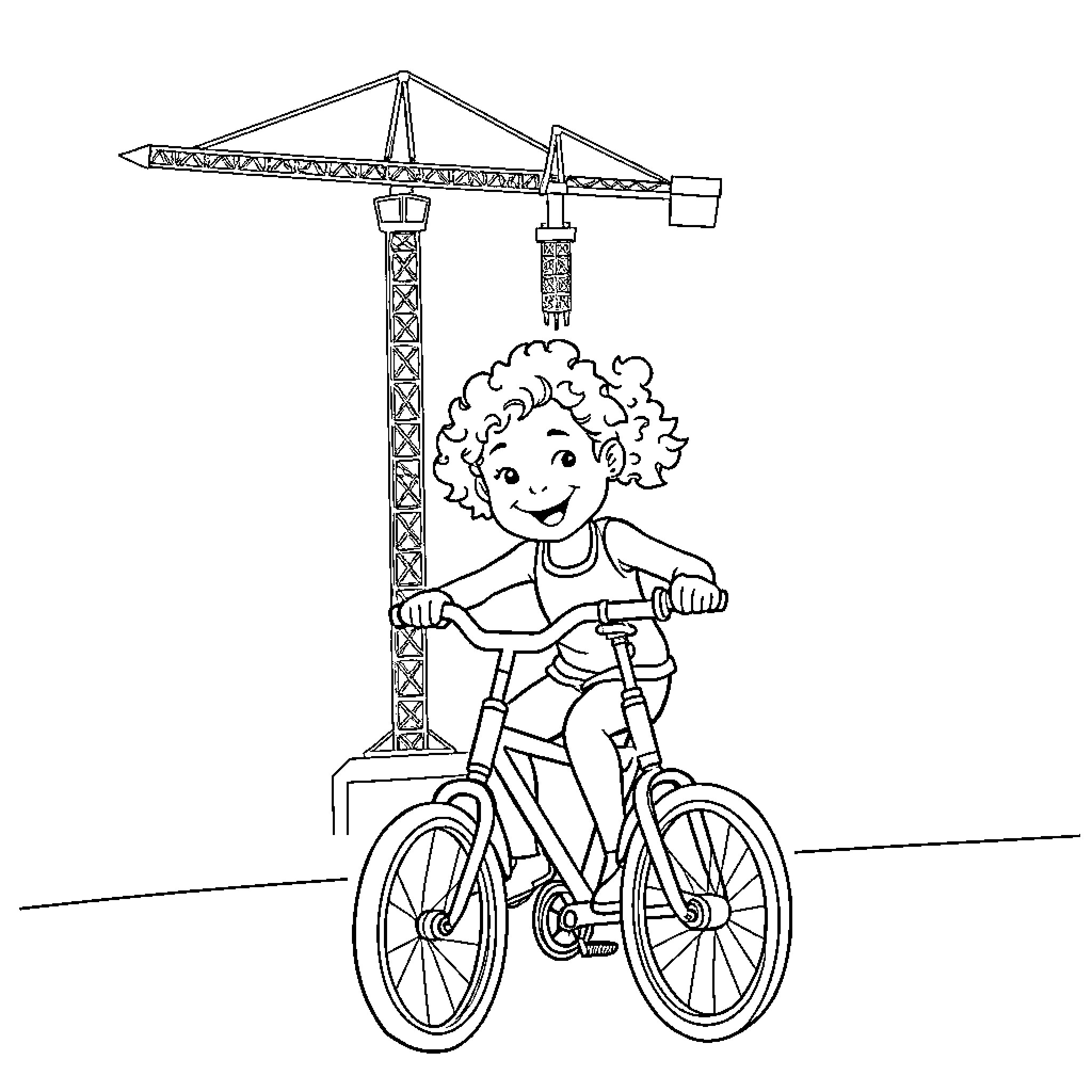Girl riding bicycle under a crane Coloring Page (free black-and-white line drawing printable PDF for all, from beginners to advanced learners, including children, teens, adults, and seniors)