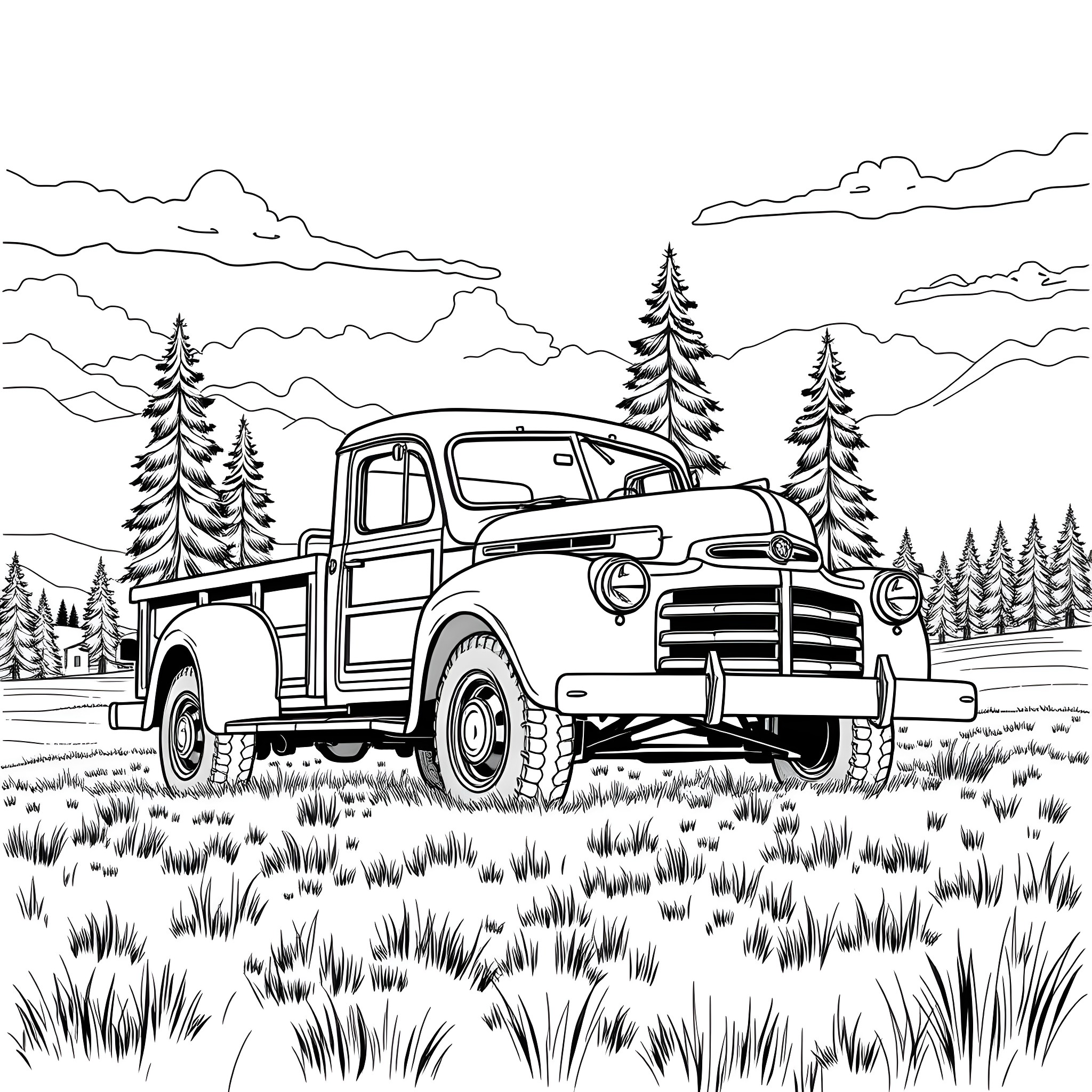 Truck parked in a rural landscape with pine trees Coloring Page (free black-and-white line drawing printable PDF for all, from beginners to advanced learners, including children, teens, adults, and seniors)