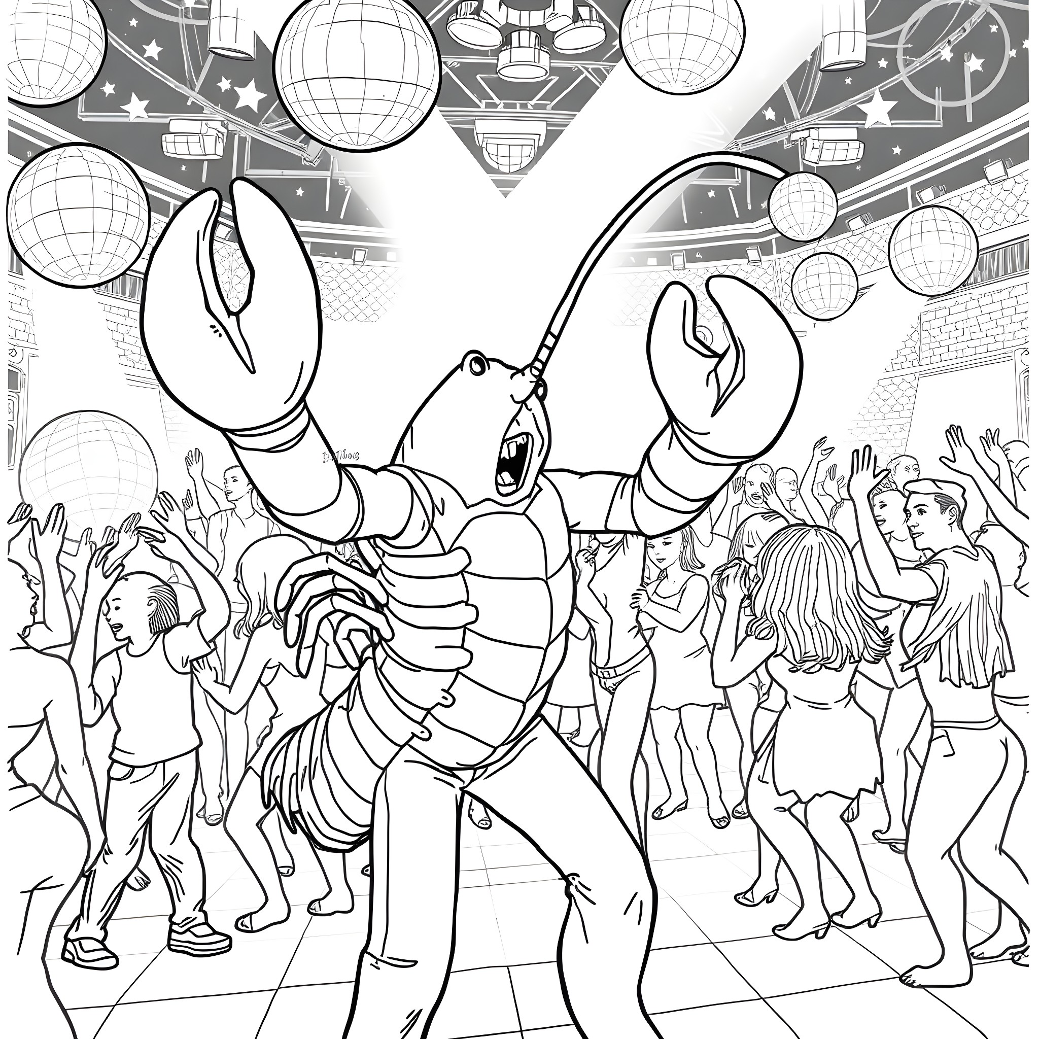 Lobster dancing energetically at a lively party Coloring Page (free black-and-white line drawing printable PDF for all, from beginners to advanced learners, including children, teens, adults, and seniors)
