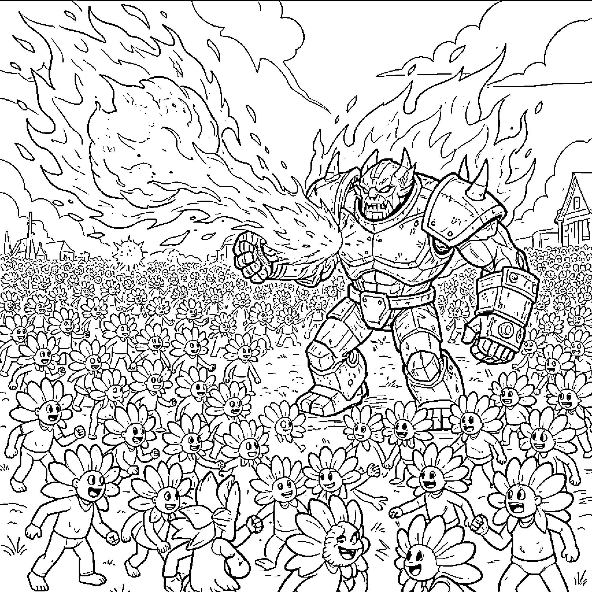 Flower Humanoid rampaging through a field of smiling flowers Coloring Page (free black-and-white line drawing printable PDF for all, from beginners to advanced learners, including children, teens, adults, and seniors)
