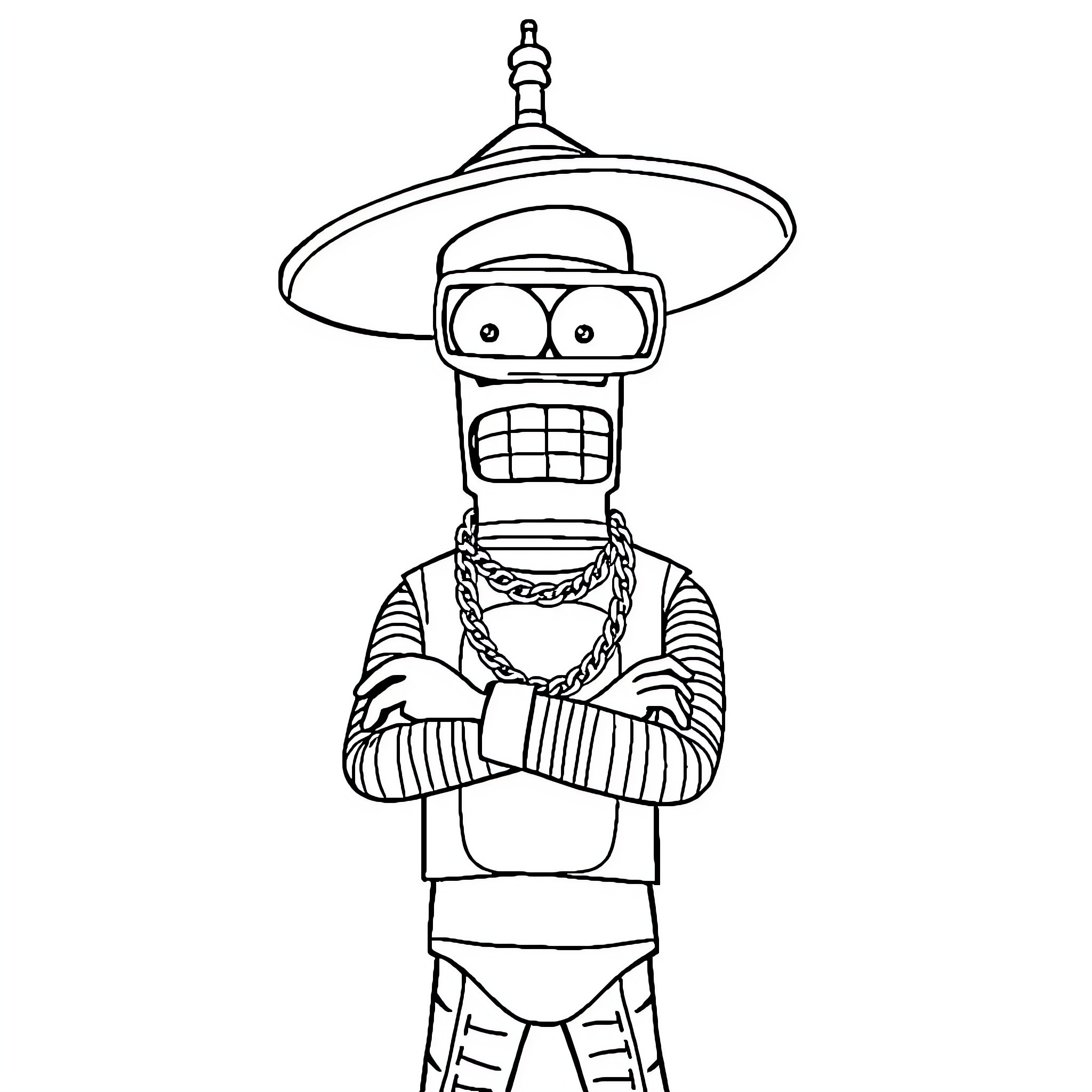 Bender's comical and quirky appearance Coloring Page (free black-and-white line drawing printable PDF for all, from beginners to advanced learners, including children, teens, adults, and seniors)