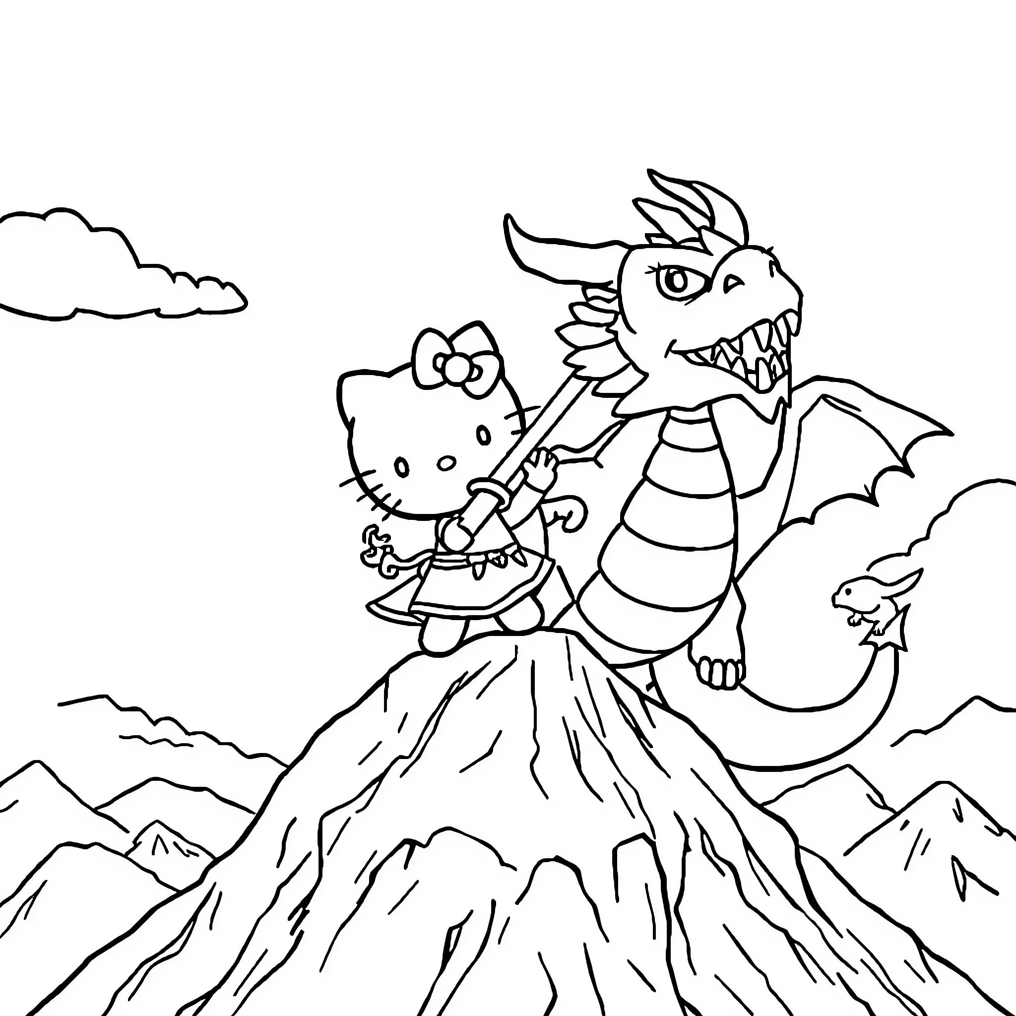 Hello Kitty and the Fearsome Dragon on the Mountain Coloring Page (free black-and-white line drawing printable PDF for all, from beginners to advanced learners, including children, teens, adults, and seniors)