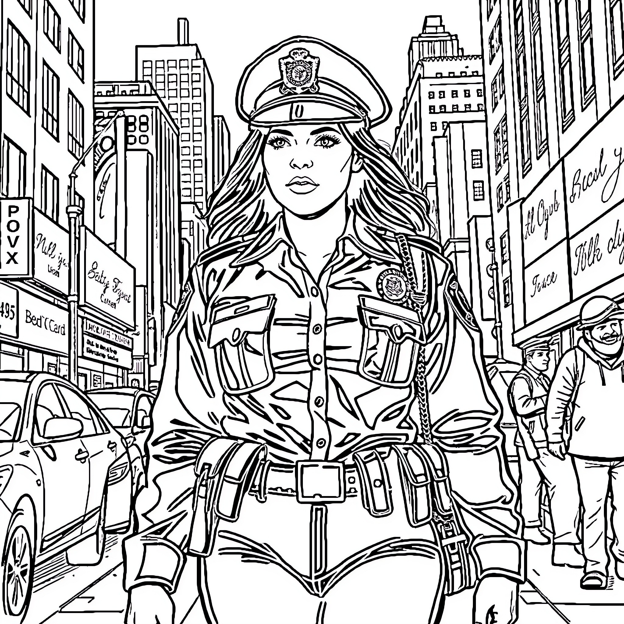 Alyssa Diaz in Uniform Serving the Community Coloring Page (free black-and-white line drawing printable PDF for all, from beginners to advanced learners, including children, teens, adults, and seniors)