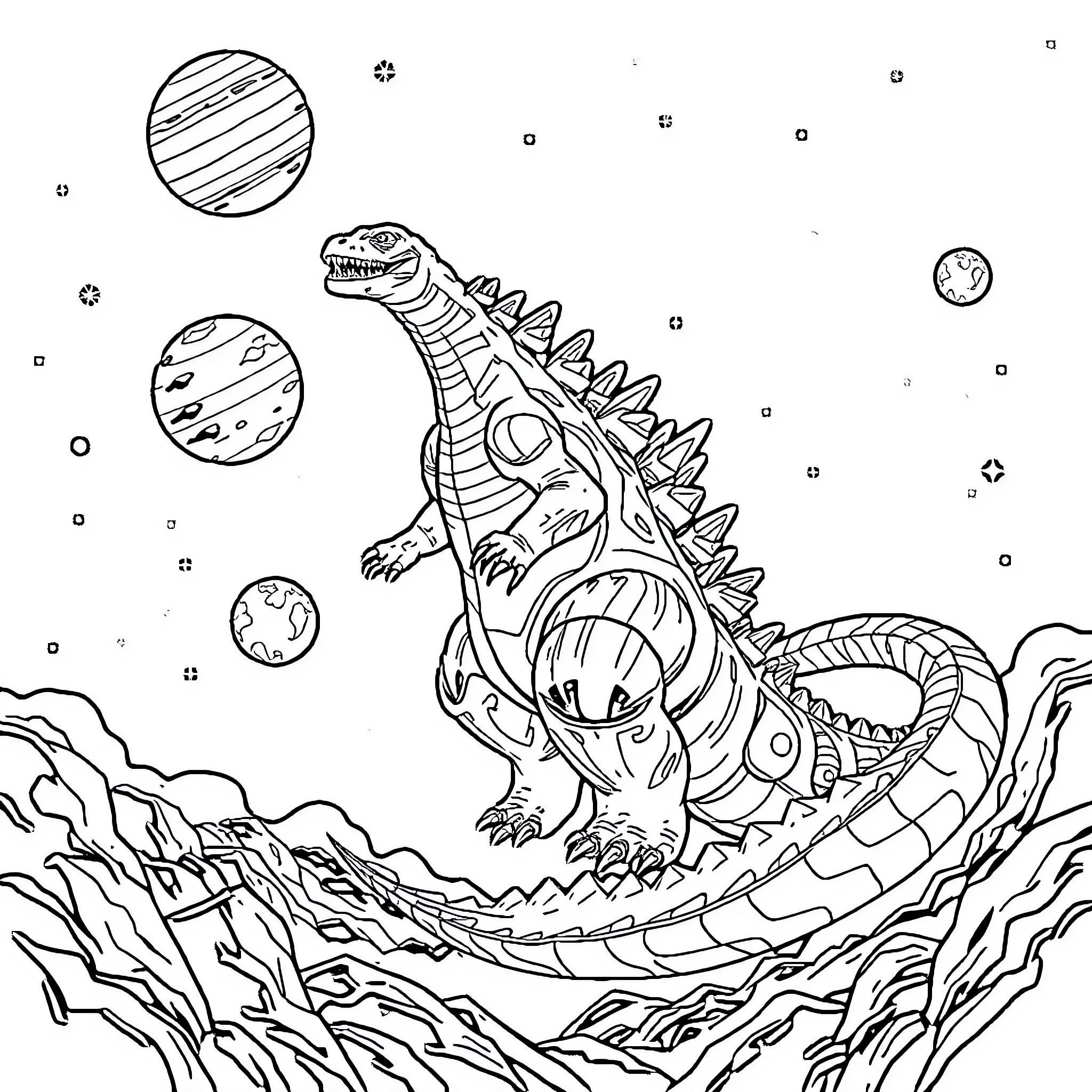 Godzilla roaring amidst cosmic landscapes Coloring Page (free black-and-white line drawing printable PDF for all, from beginners to advanced learners, including children, teens, adults, and seniors)