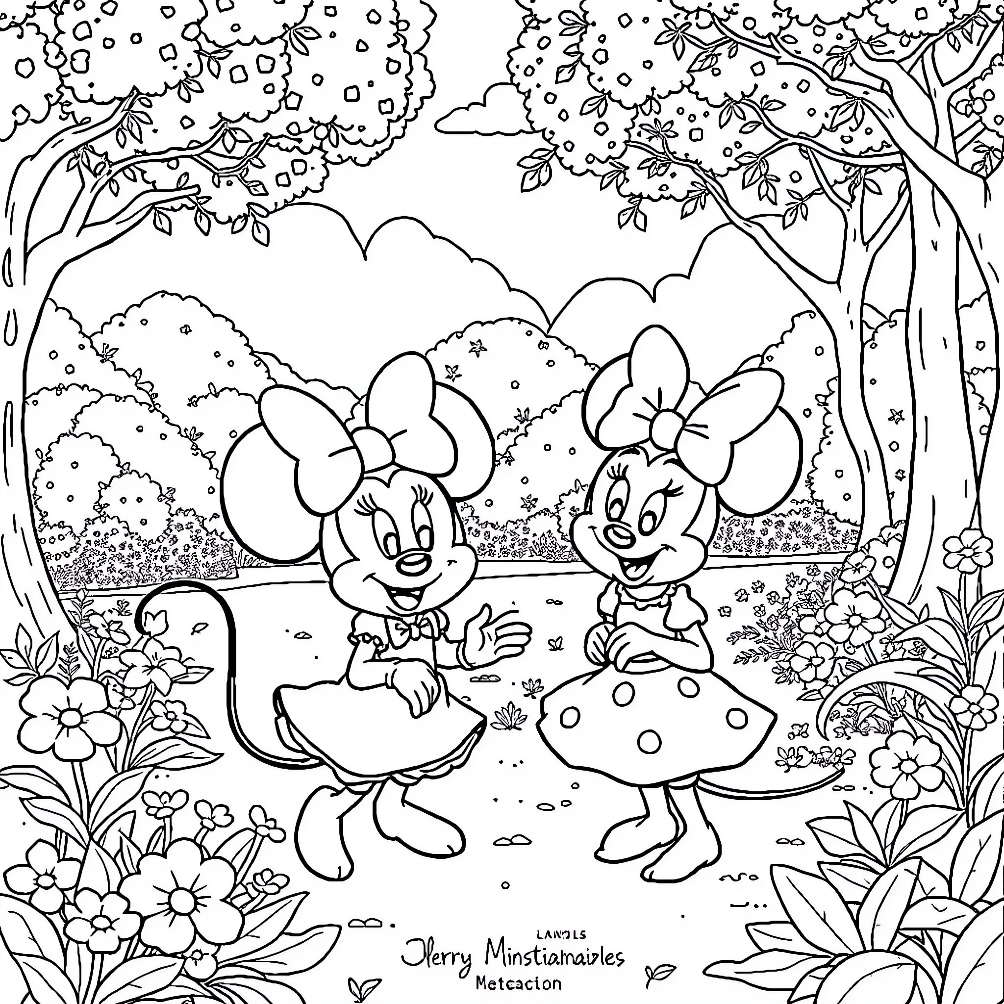 Minnie Mouse and Daisy Duck enjoying nature Coloring Page (free black-and-white line drawing printable PDF for all, from beginners to advanced learners, including children, teens, adults, and seniors)