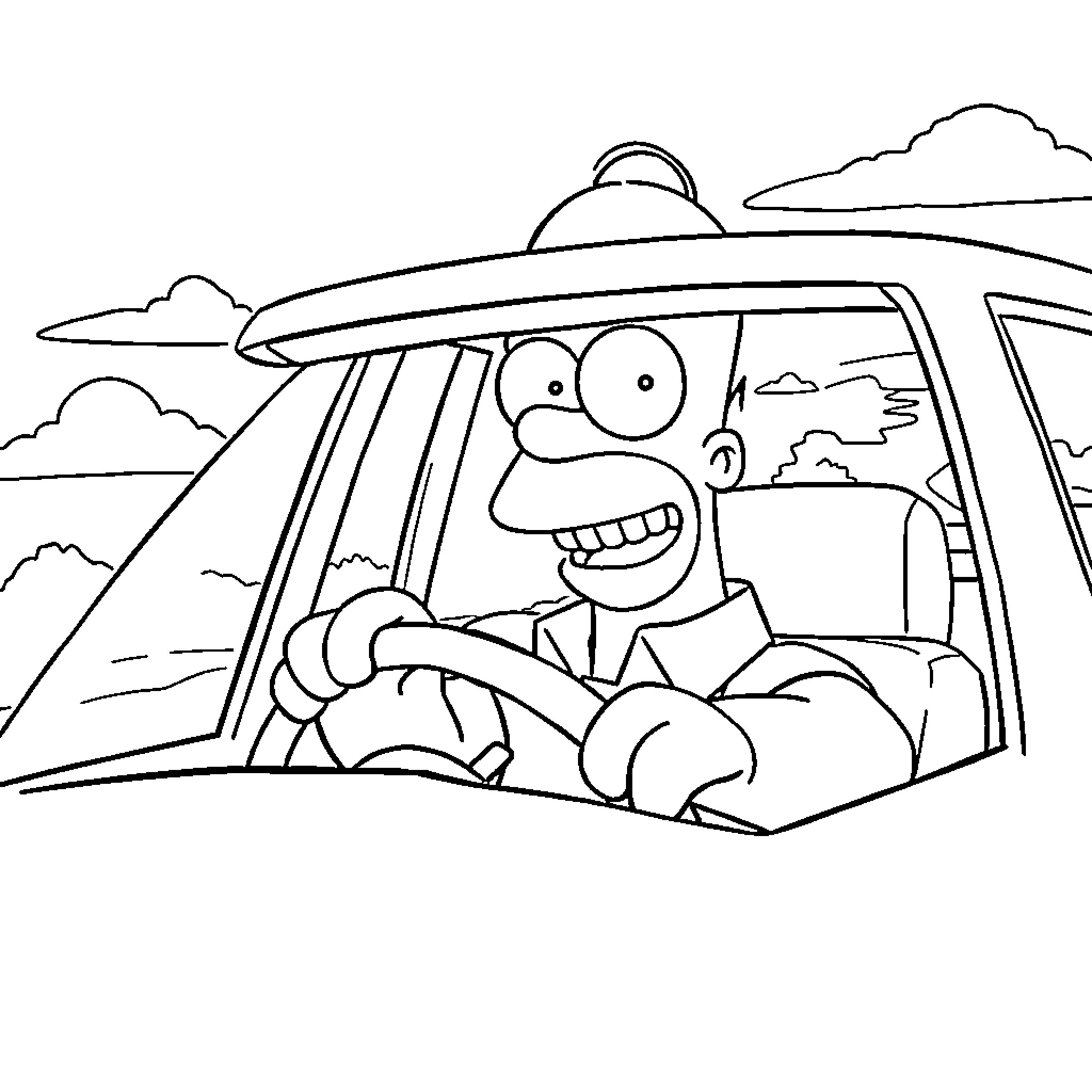 Homer Simpson driving recklessly in car Coloring Page (free black-and-white line drawing printable PDF for all, from beginners to advanced learners, including children, teens, adults, and seniors)