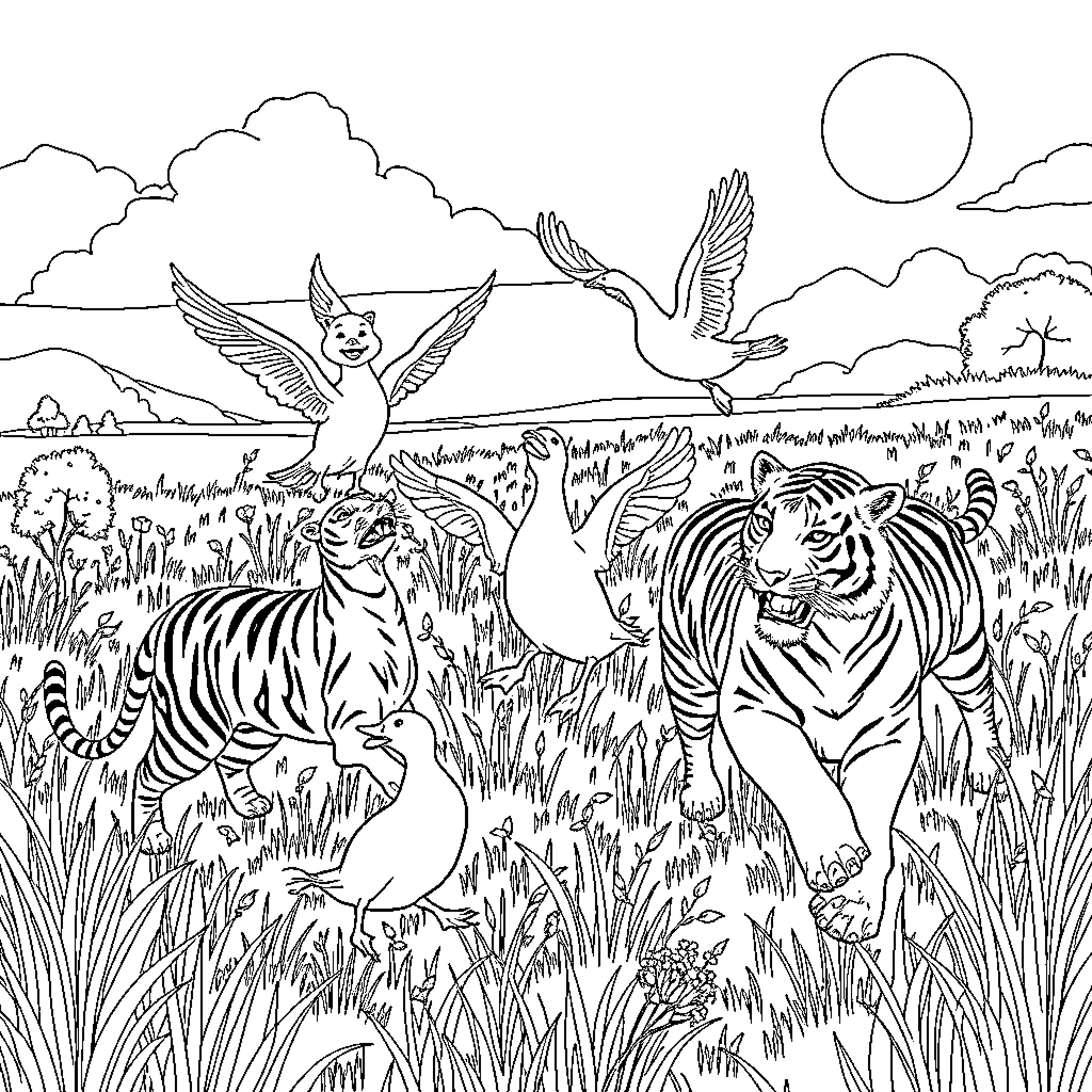 Ducks soaring over a lush safari landscape Coloring Page (free black-and-white line drawing printable PDF for all, from beginners to advanced learners, including children, teens, adults, and seniors)