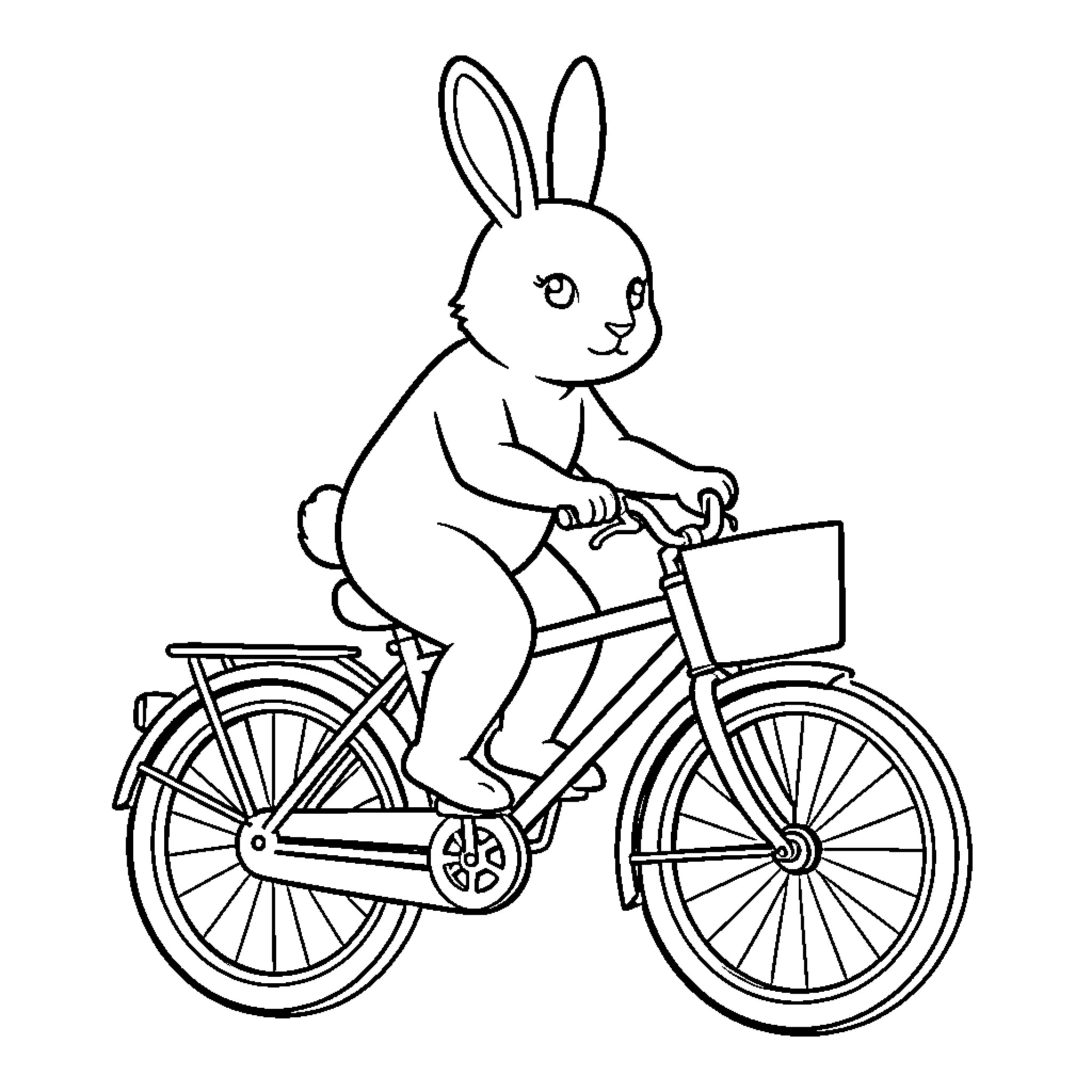 Rabbit riding a bicycle with a front basket Coloring Page (free black-and-white line drawing printable PDF for all, from beginners to advanced learners, including children, teens, adults, and seniors)
