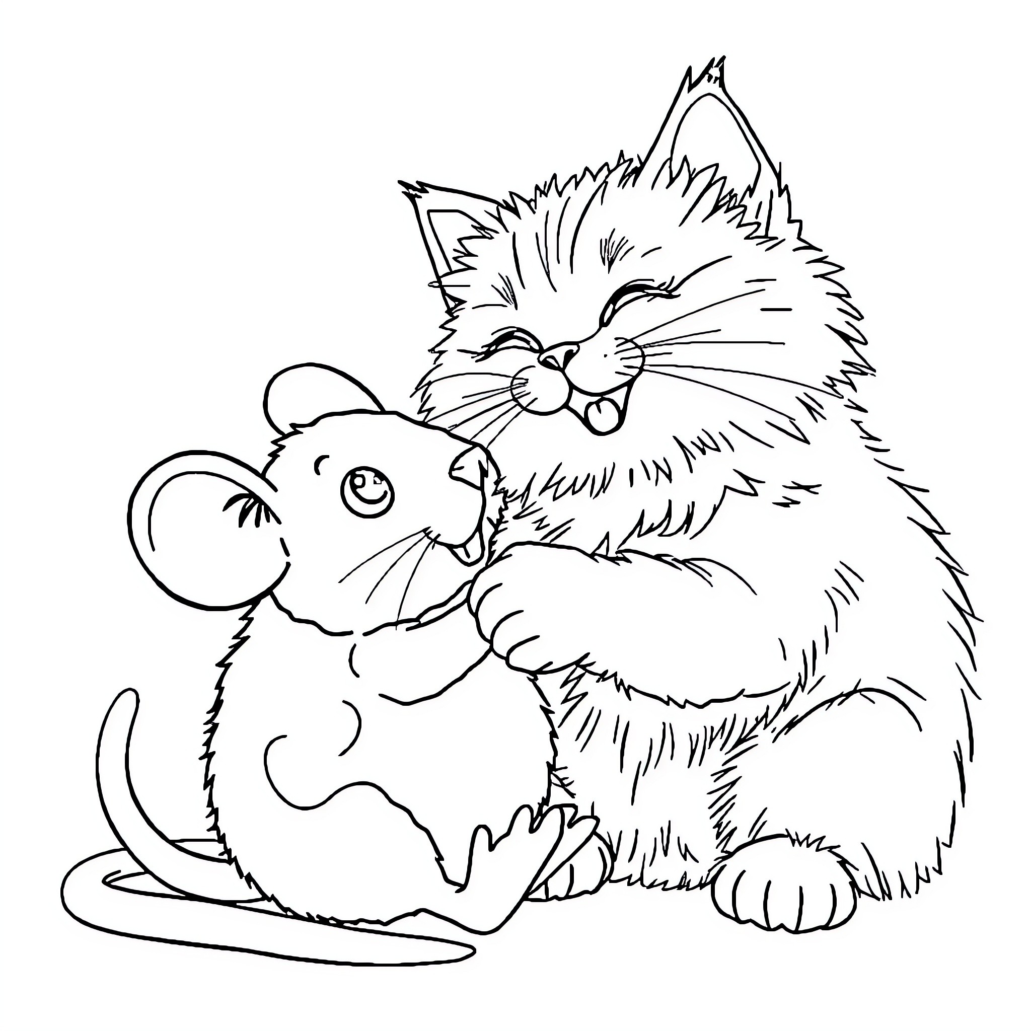 Cat and Mouse Playing Together Coloring Page (free black-and-white line drawing printable PDF for all, from beginners to advanced learners, including children, teens, adults, and seniors)