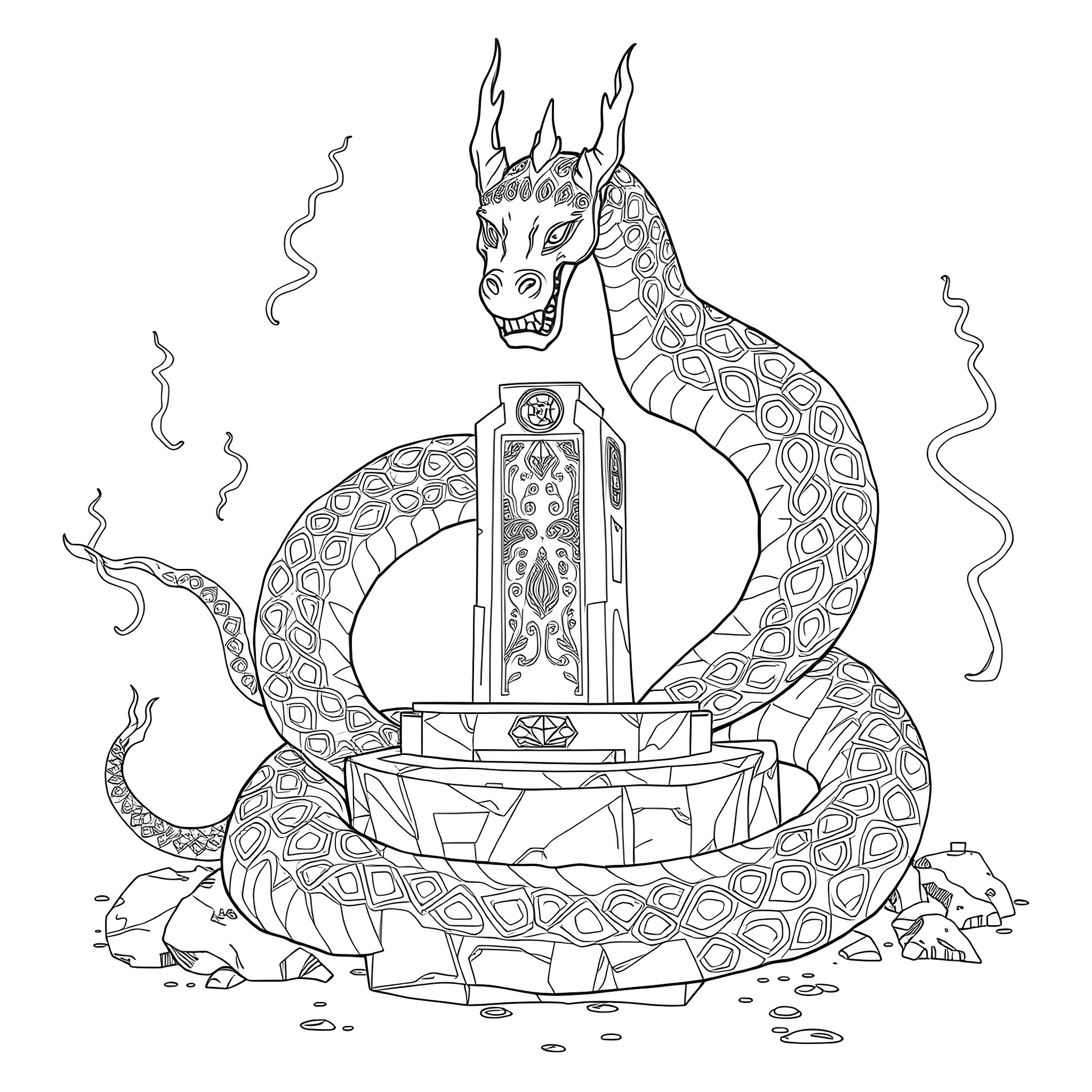 Uktena wielding a magical staff amidst swirling mist Coloring Page (free black-and-white line drawing printable PDF for all, from beginners to advanced learners, including children, teens, adults, and seniors)