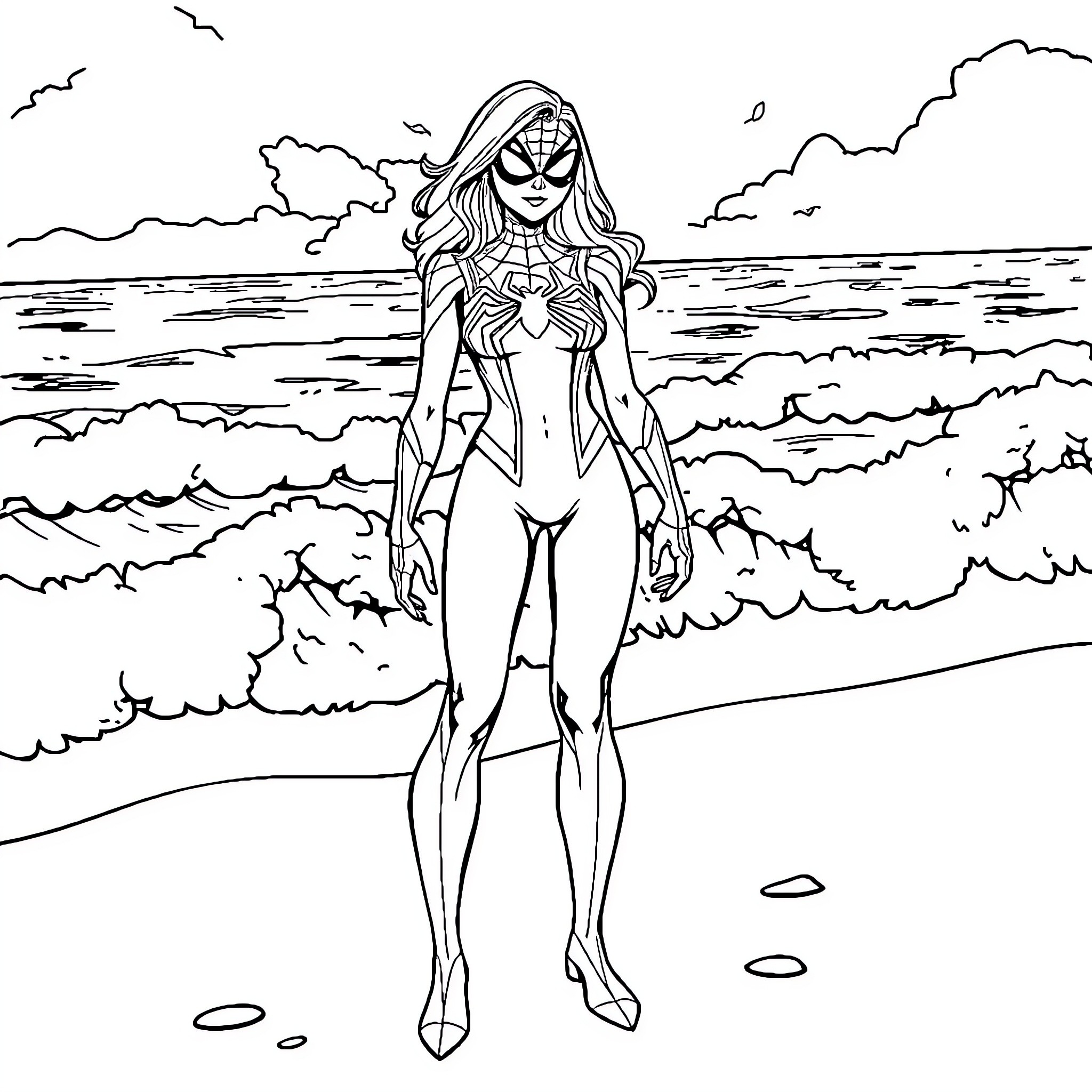 Spiderwoman stands confidently on the beach Coloring Page (free black-and-white line drawing printable PDF for all, from beginners to advanced learners, including children, teens, adults, and seniors)