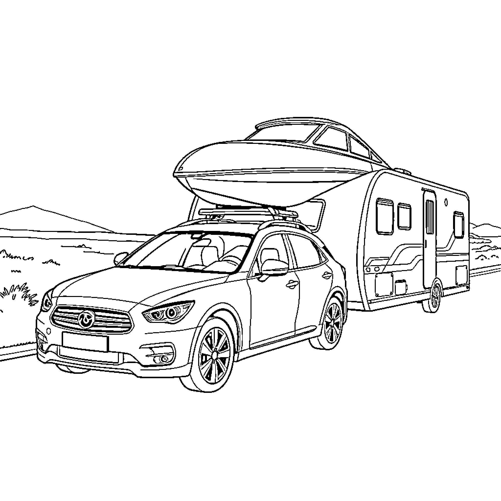 Car towing camper trailer on the road Coloring Page (free black-and-white line drawing printable PDF for all, from beginners to advanced learners, including children, teens, adults, and seniors)