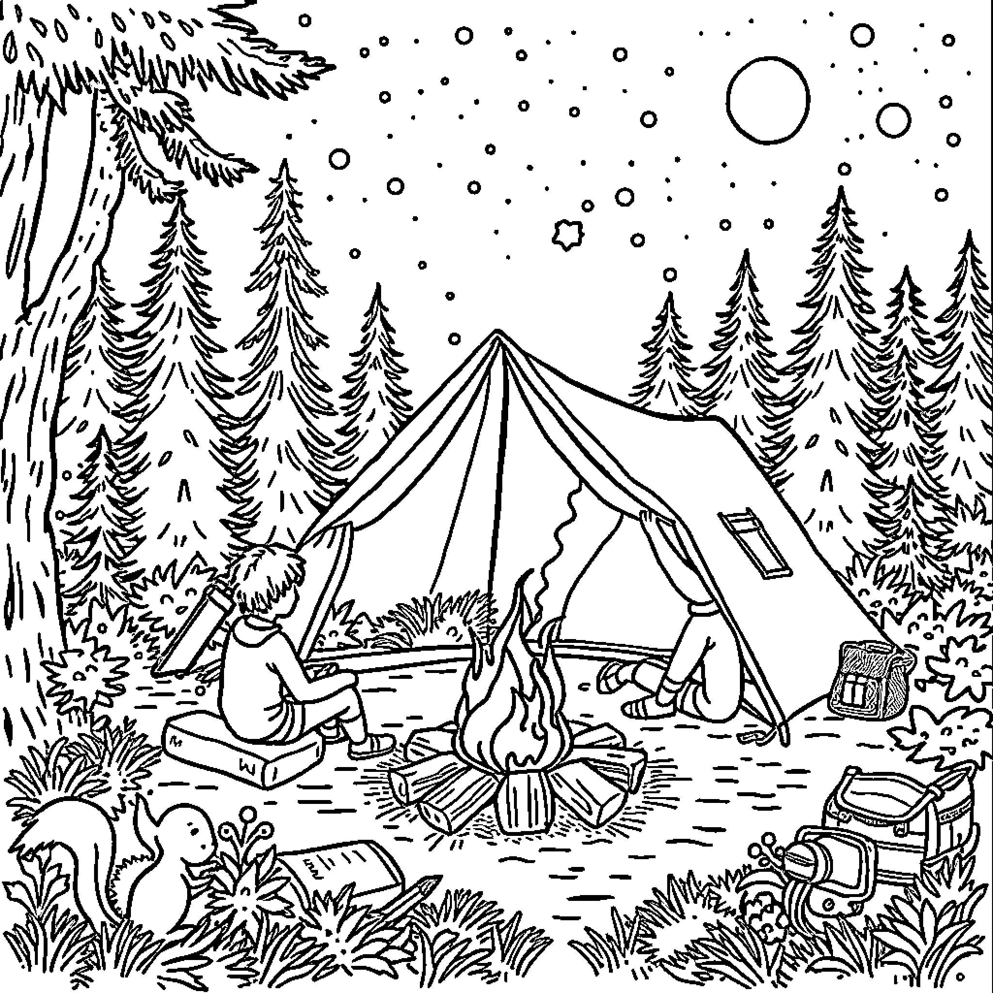 Camping in the snowy wilderness Coloring Page (free black-and-white line drawing printable PDF for all, from beginners to advanced learners, including children, teens, adults, and seniors)