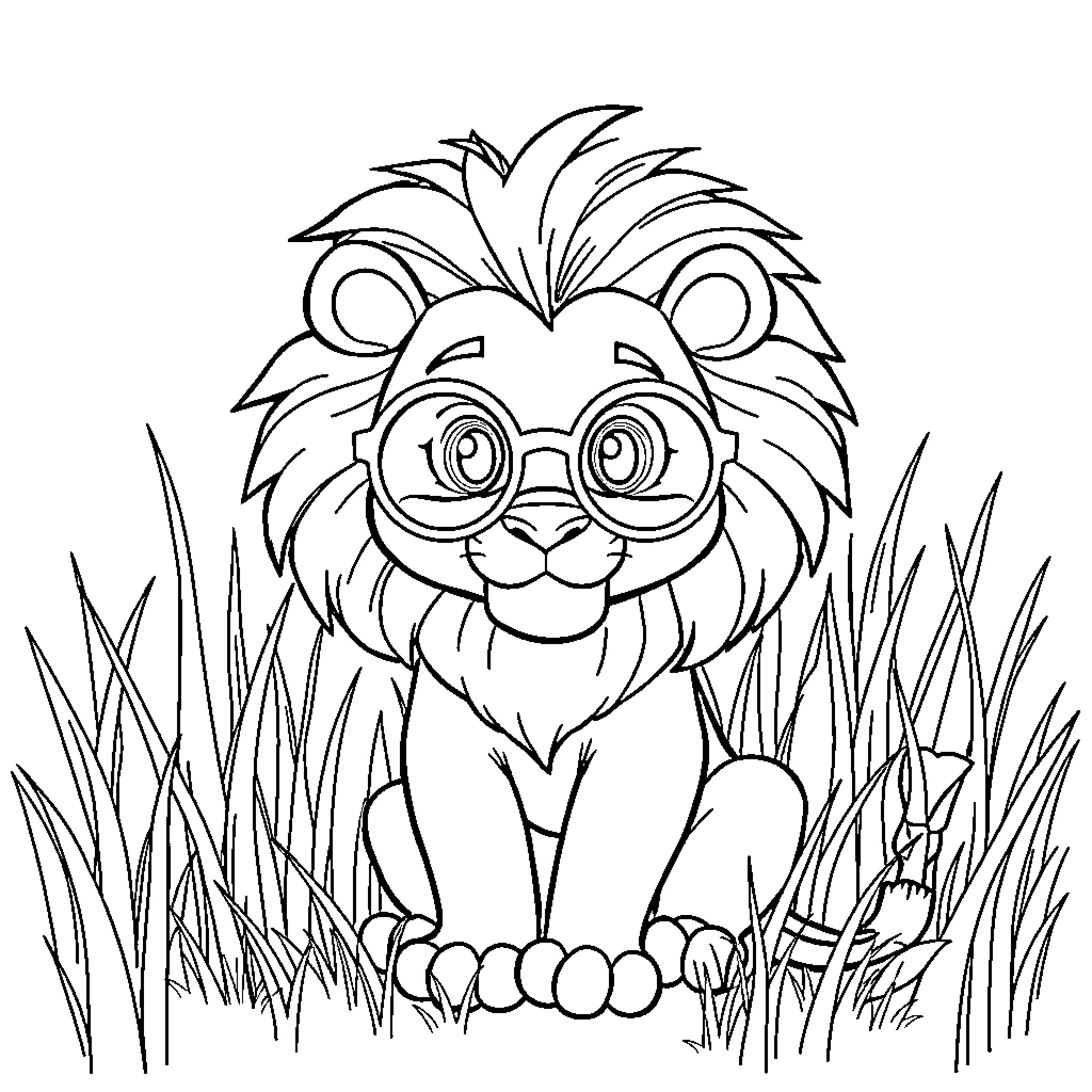 Lion resting peacefully in the tall grass Coloring Page (free black-and-white line drawing printable PDF for all, from beginners to advanced learners, including children, teens, adults, and seniors)