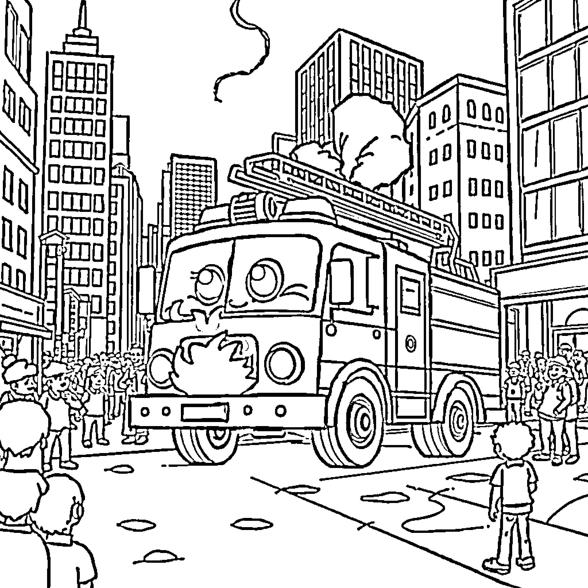Firetruck responding to emergency in the city Coloring Page (free black-and-white line drawing printable PDF for all, from beginners to advanced learners, including children, teens, adults, and seniors)