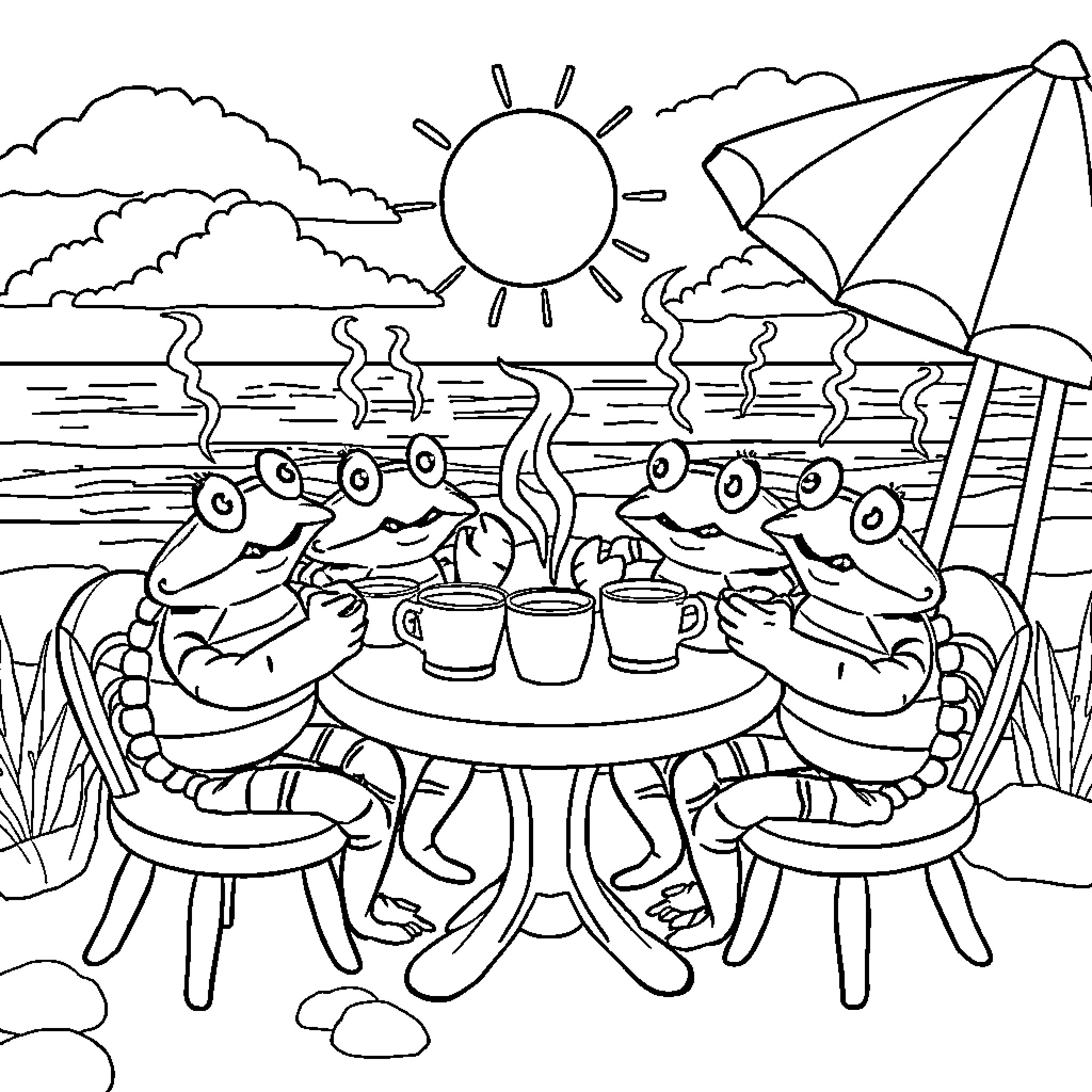 Crab friends enjoying a beach day together Coloring Page (free black-and-white line drawing printable PDF for all, from beginners to advanced learners, including children, teens, adults, and seniors)