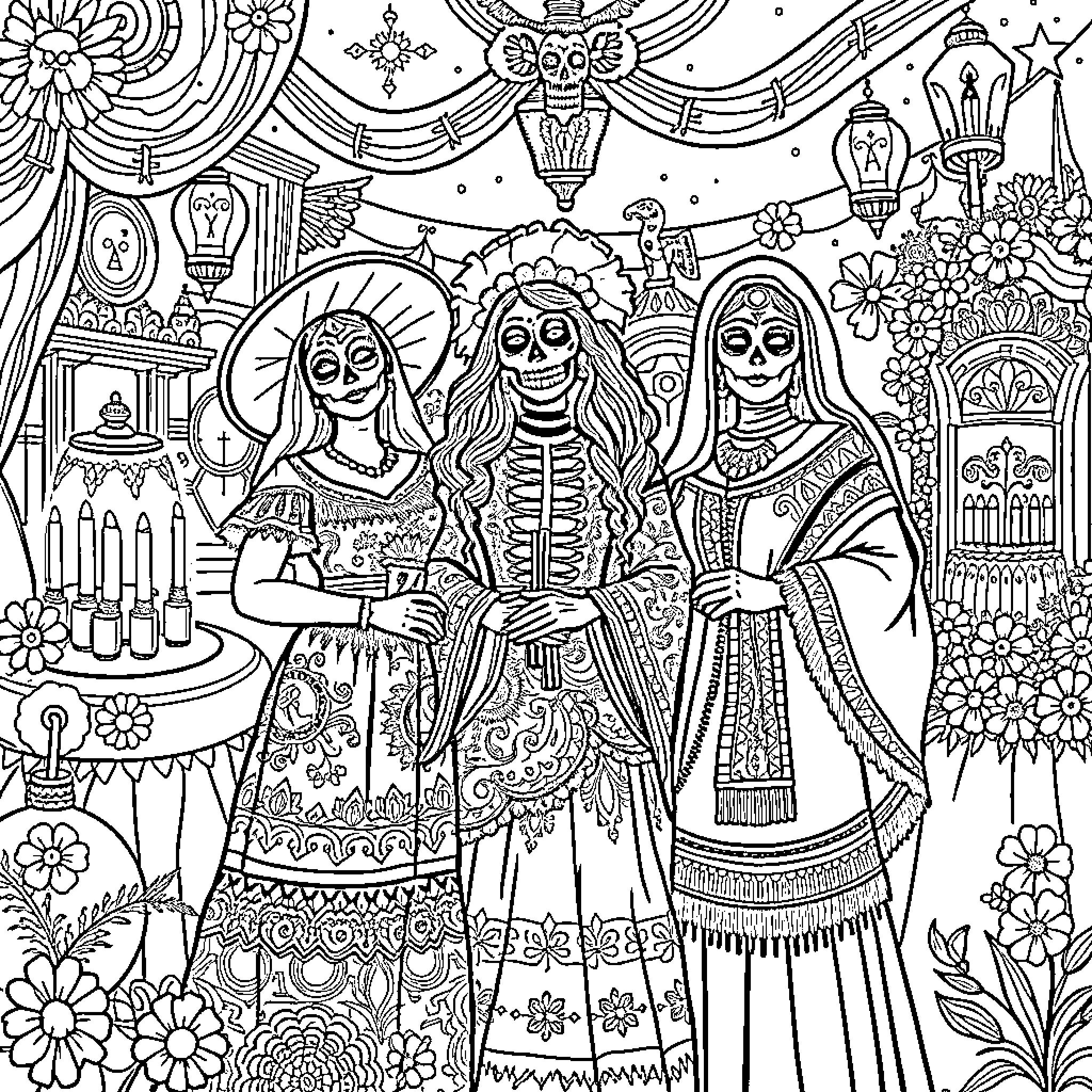 Women in Ornate Dia de los Muertos Attire Coloring Page (free black-and-white line drawing printable PDF for all, from beginners to advanced learners, including children, teens, adults, and seniors)