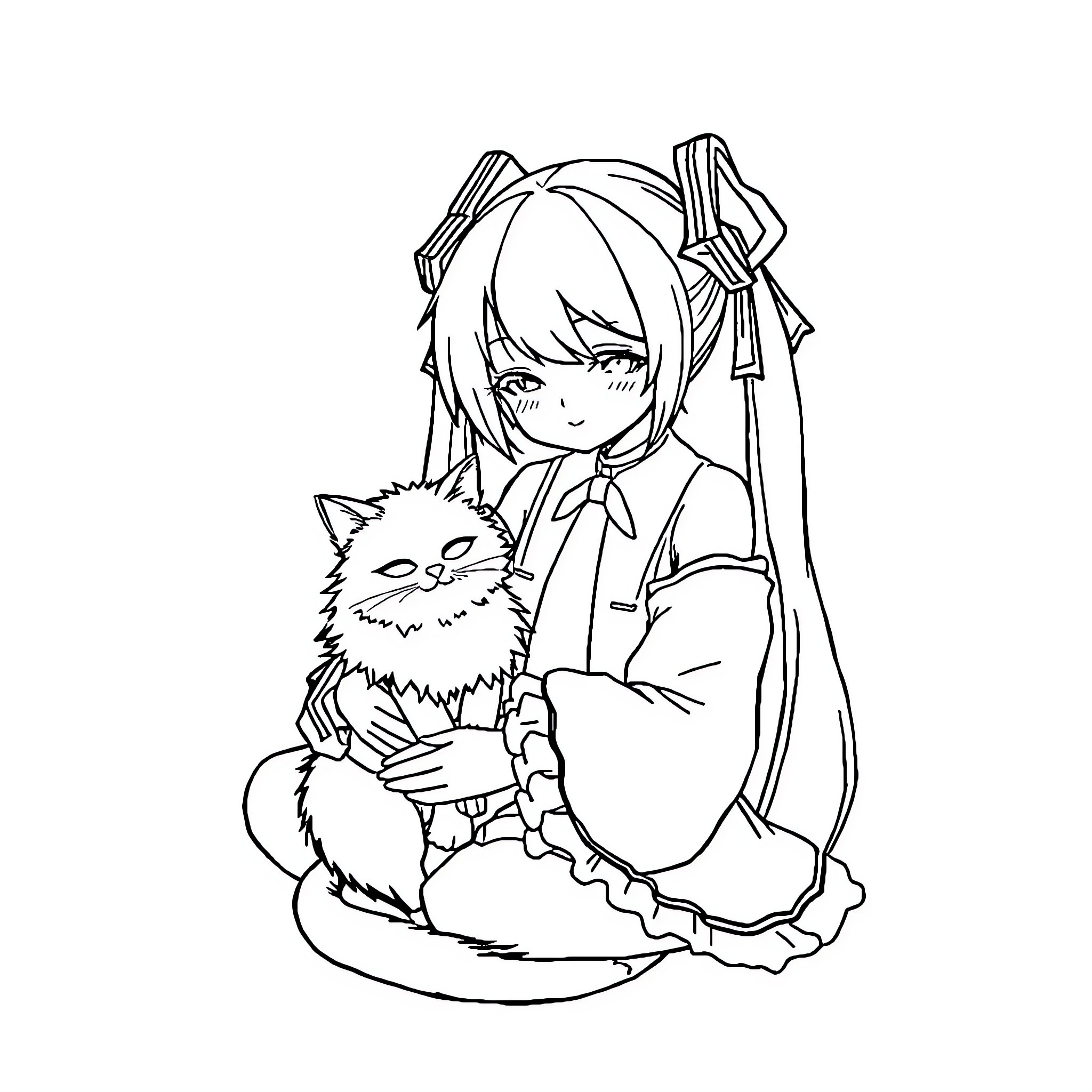 Miku Hatsune holding a fluffy cat with a friendly expression Coloring Page (free black-and-white line drawing printable PDF for all, from beginners to advanced learners, including children, teens, adults, and seniors)