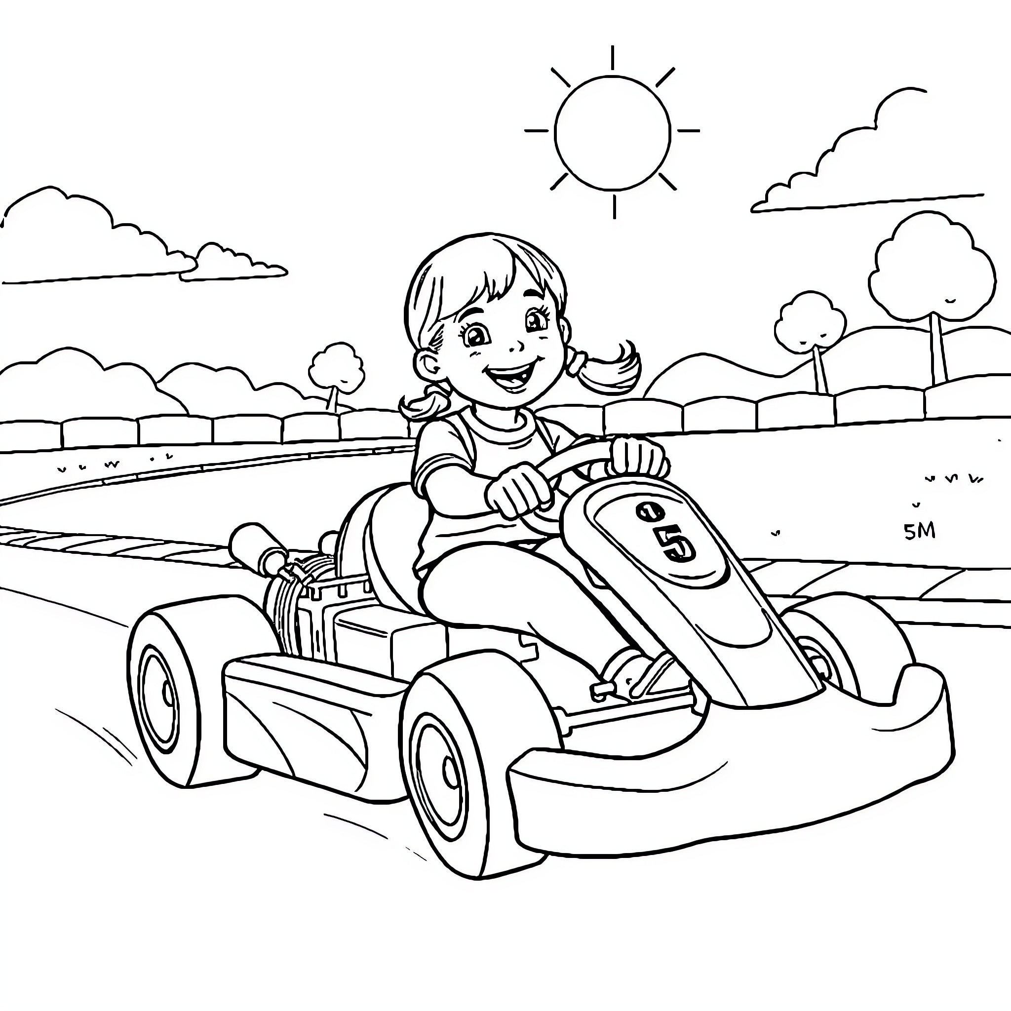 Girl driving go-kart in outdoor park Coloring Page (free black-and-white line drawing printable PDF for all, from beginners to advanced learners, including children, teens, adults, and seniors)