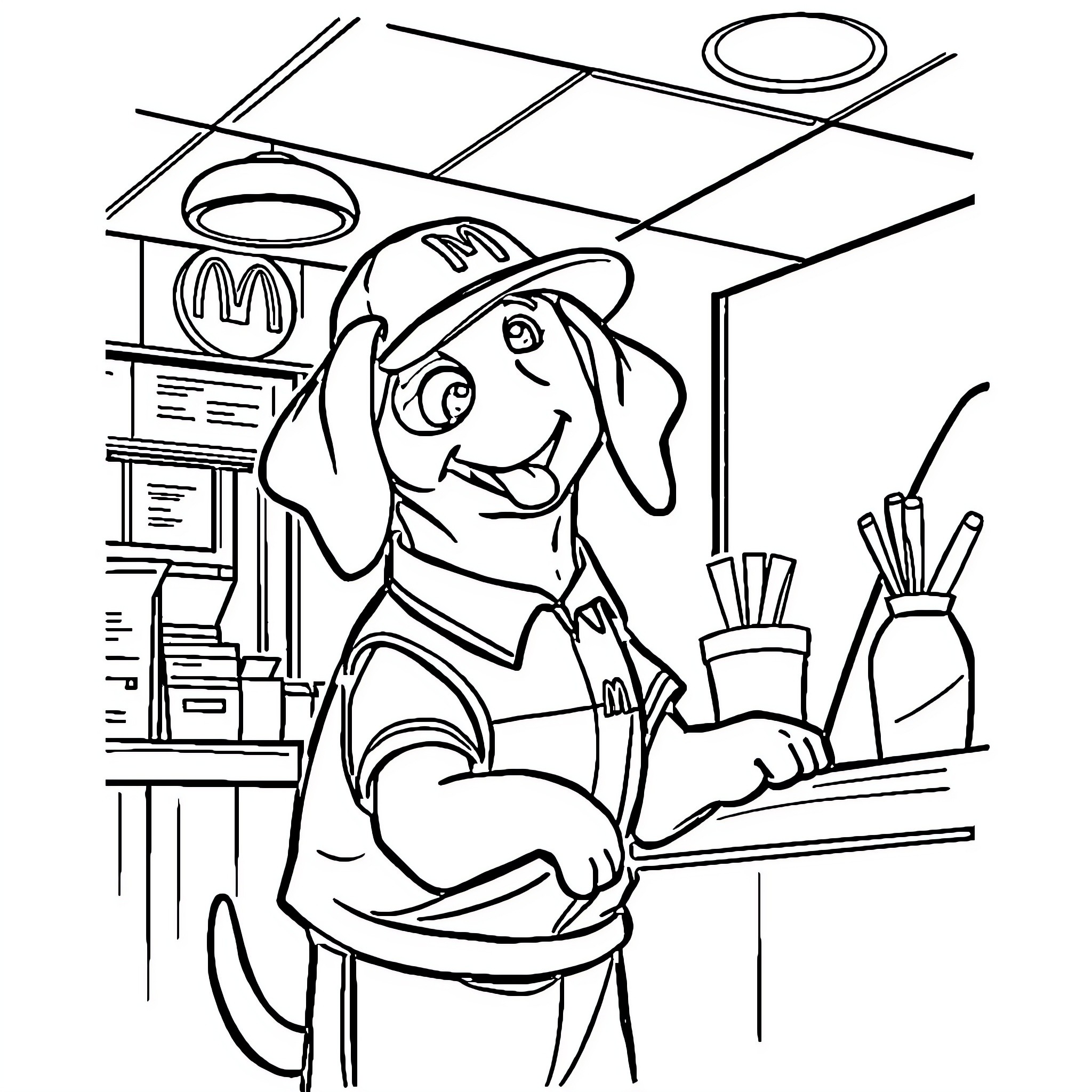 Beagle working diligently in the office Coloring Page (free black-and-white line drawing printable PDF for all, from beginners to advanced learners, including children, teens, adults, and seniors)