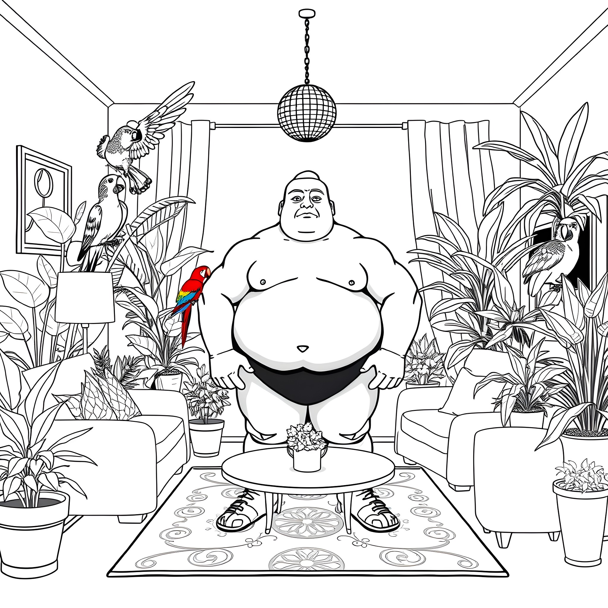 Sumo Wrestler Relaxing in Lush Indoor Sanctuary Coloring Page (free black-and-white line drawing printable PDF for all, from beginners to advanced learners, including children, teens, adults, and seniors)