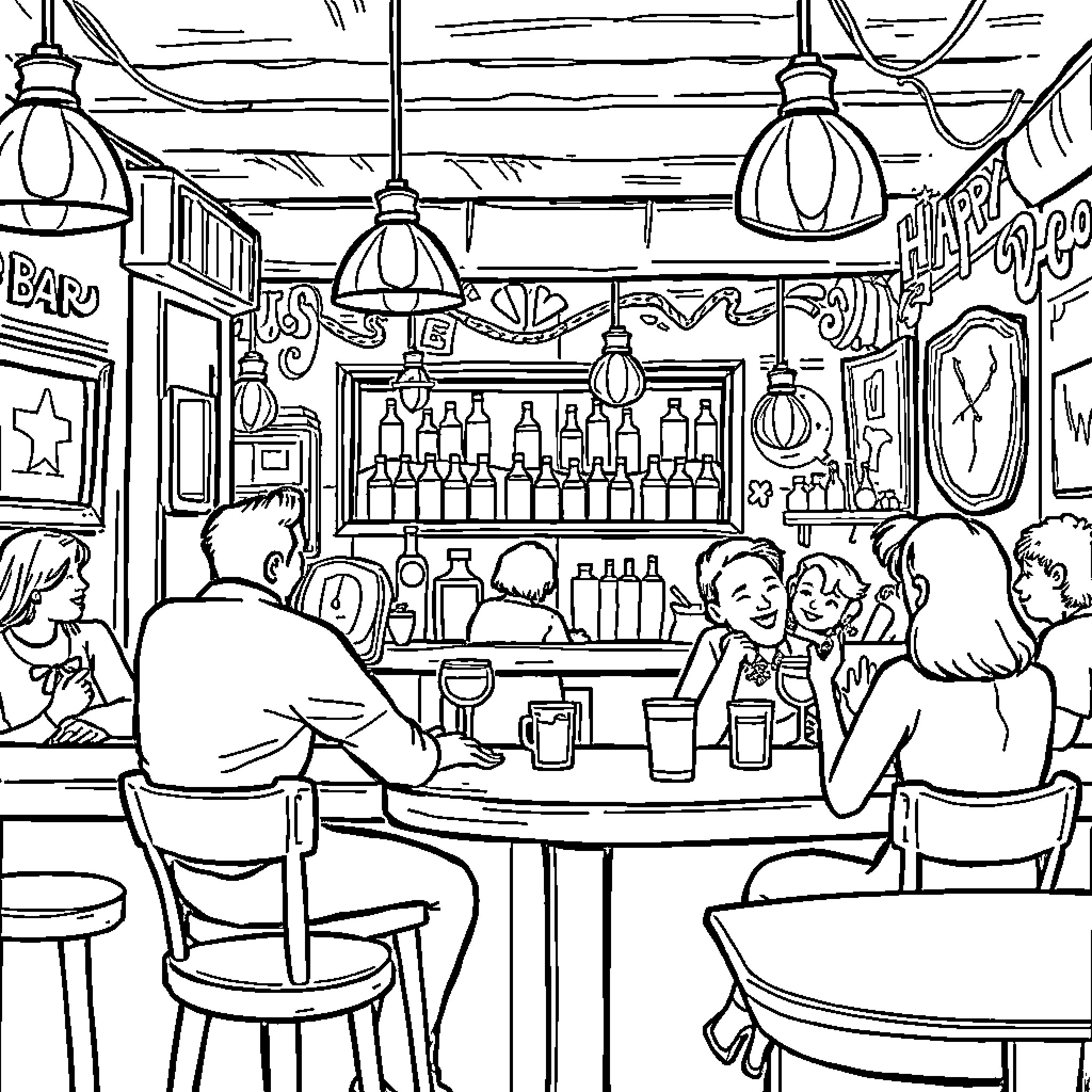 Bar Patrons Enjoying Drinks and Conversation Coloring Page (free black-and-white line drawing printable PDF for all, from beginners to advanced learners, including children, teens, adults, and seniors)